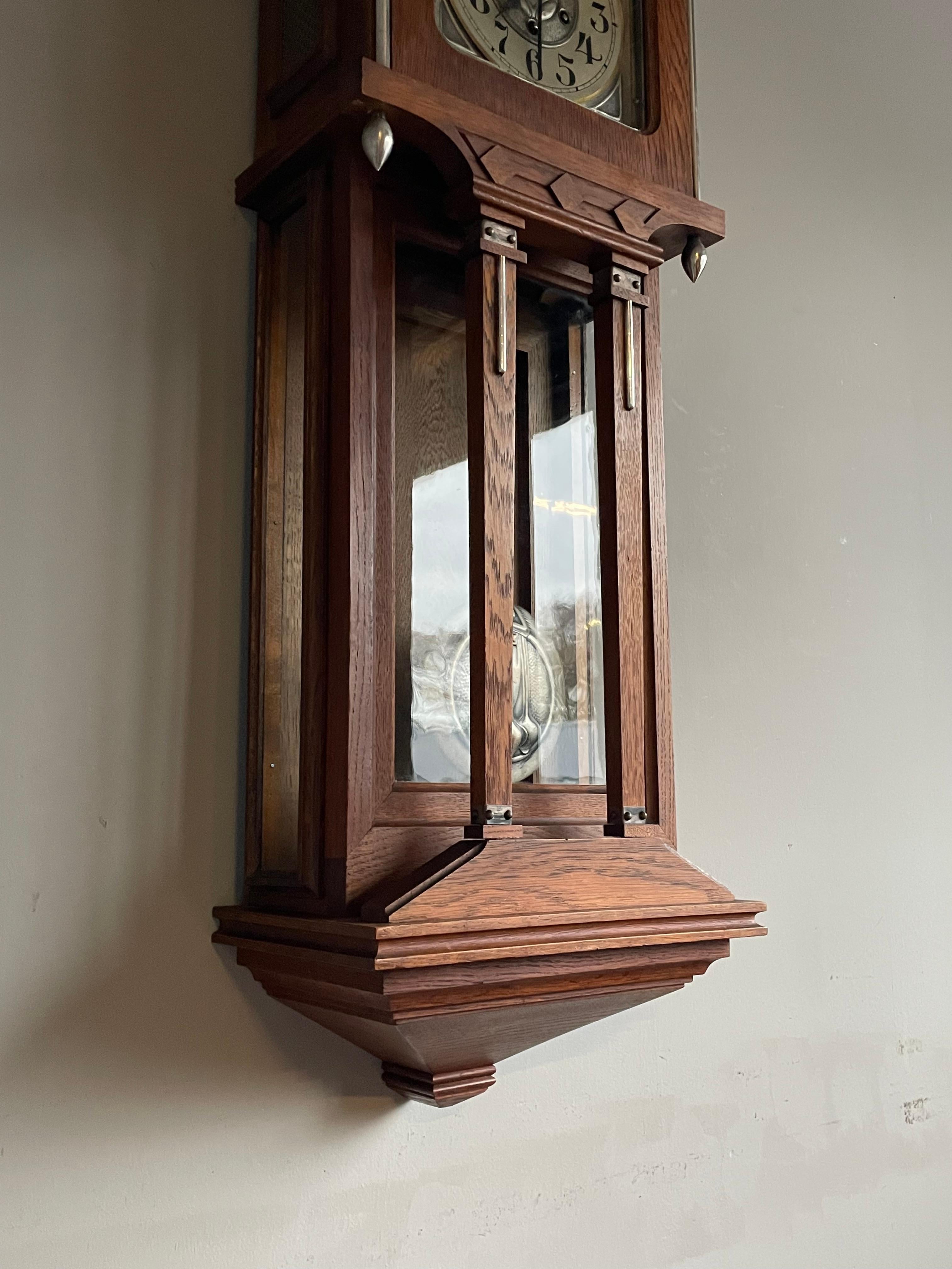 Large Antique Arts & Crafts Oak, Glass & Brass Wall Clock with Chime Mechanism 4