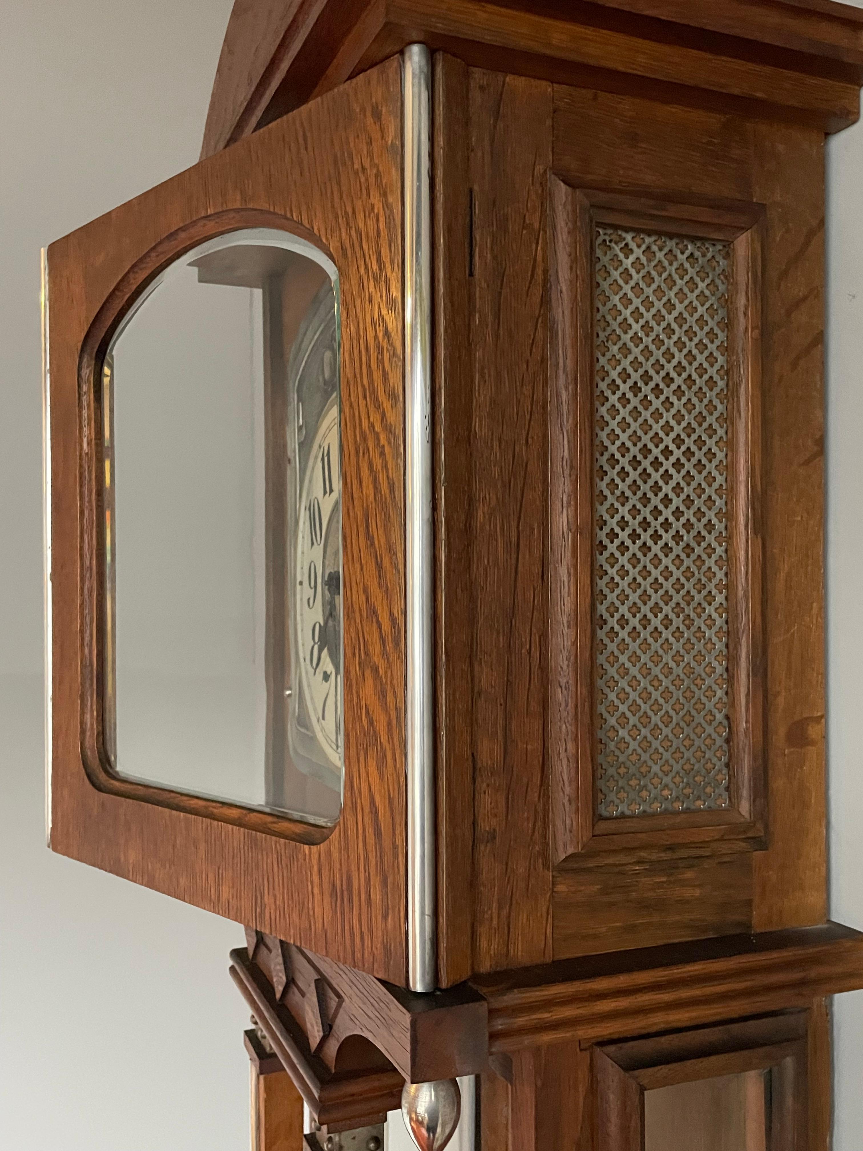 Large Antique Arts & Crafts Oak, Glass & Brass Wall Clock with Chime Mechanism 5