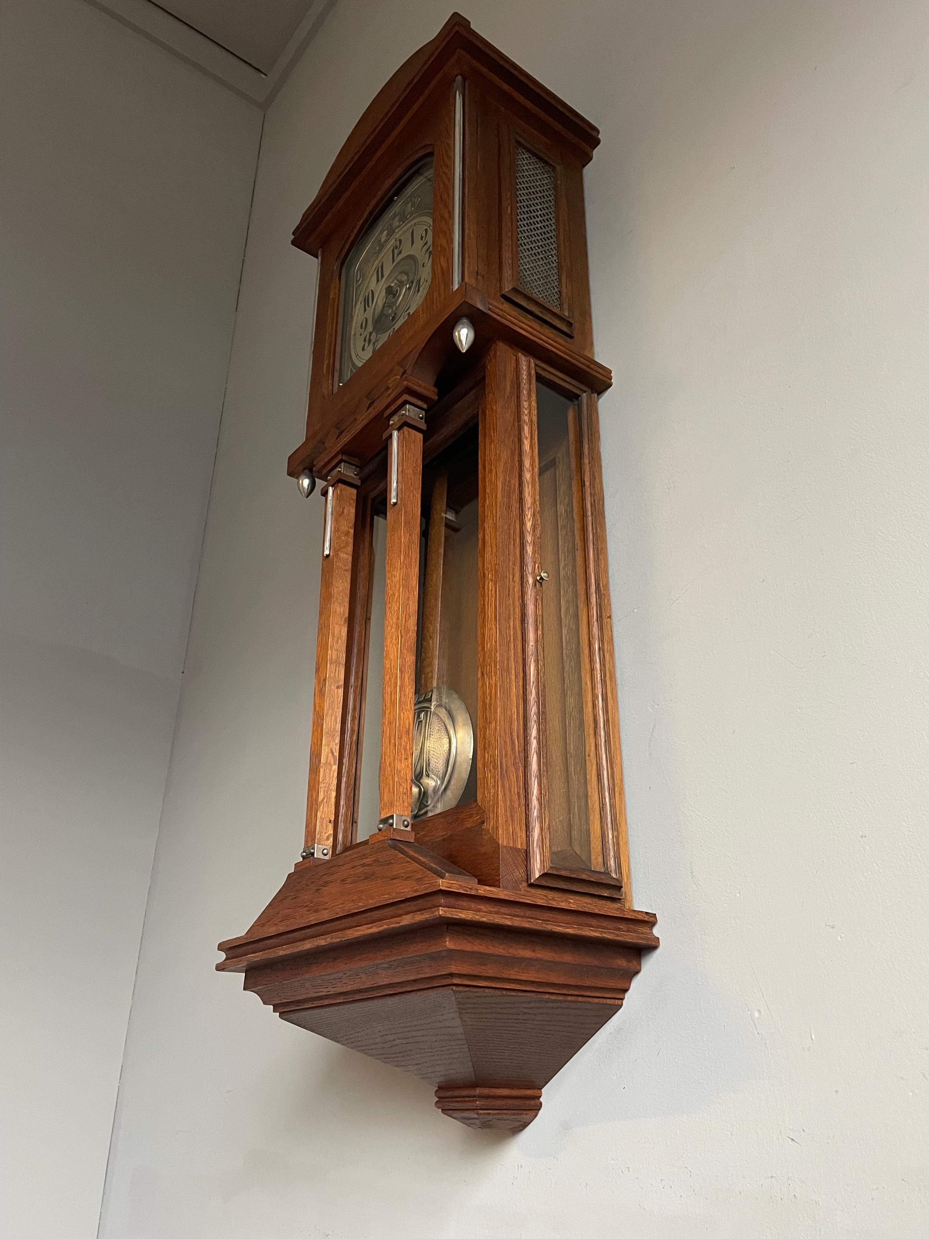 Large Antique Arts & Crafts Oak, Glass & Brass Wall Clock with Chime Mechanism 6
