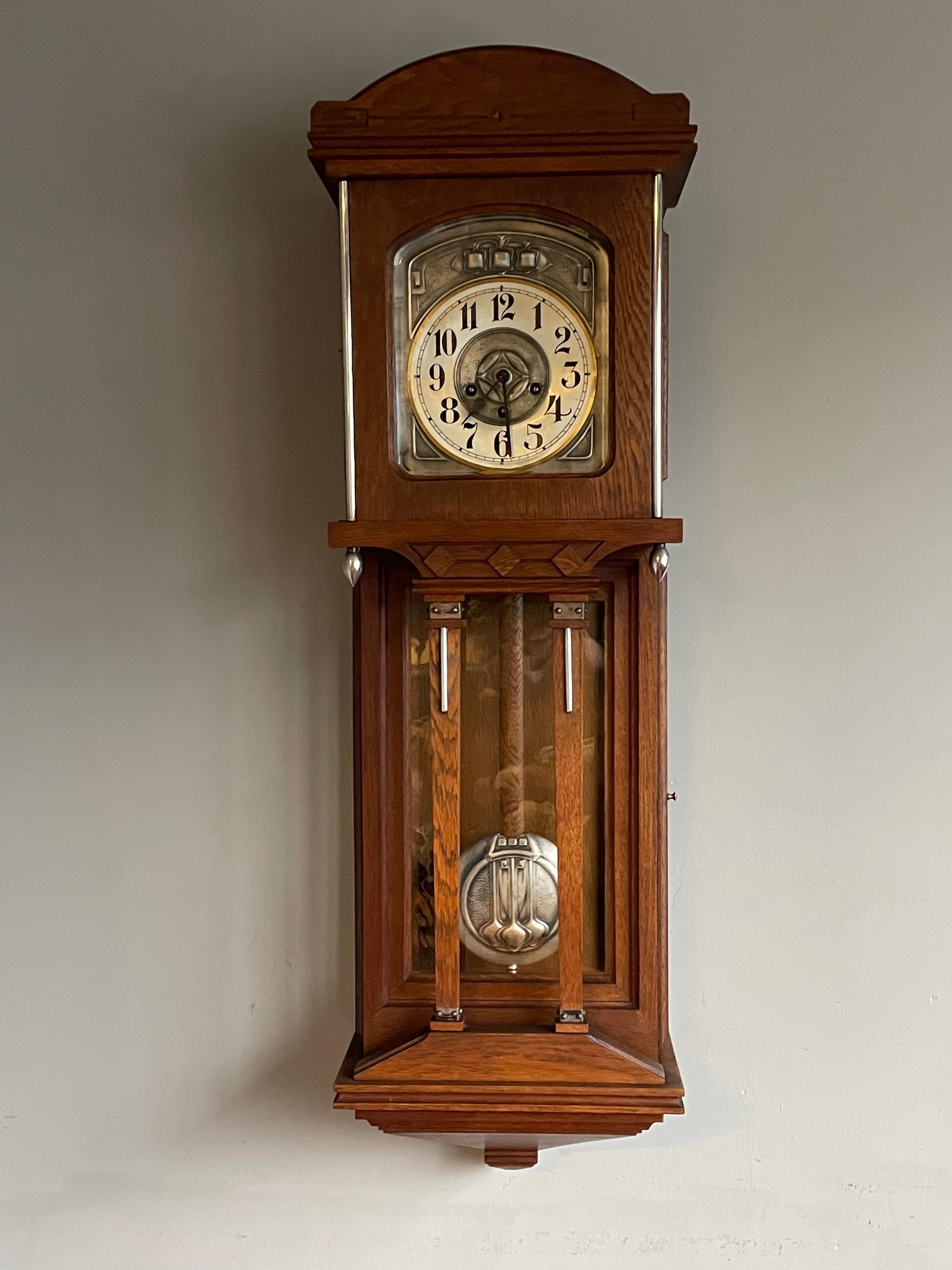 Large Antique Arts & Crafts Oak, Glass & Brass Wall Clock with Chime Mechanism 7