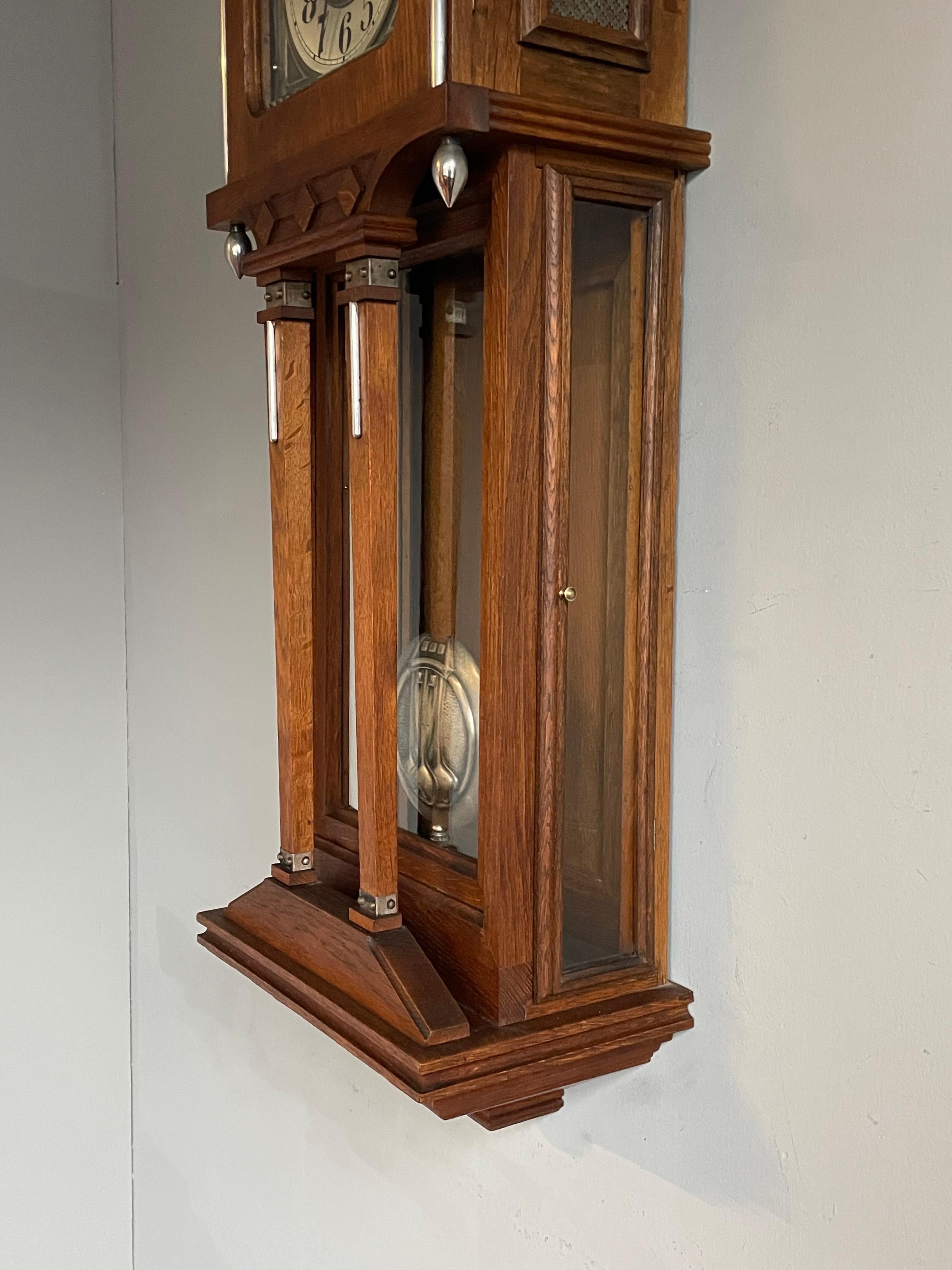 Large Antique Arts & Crafts Oak, Glass & Brass Wall Clock with Chime Mechanism 9