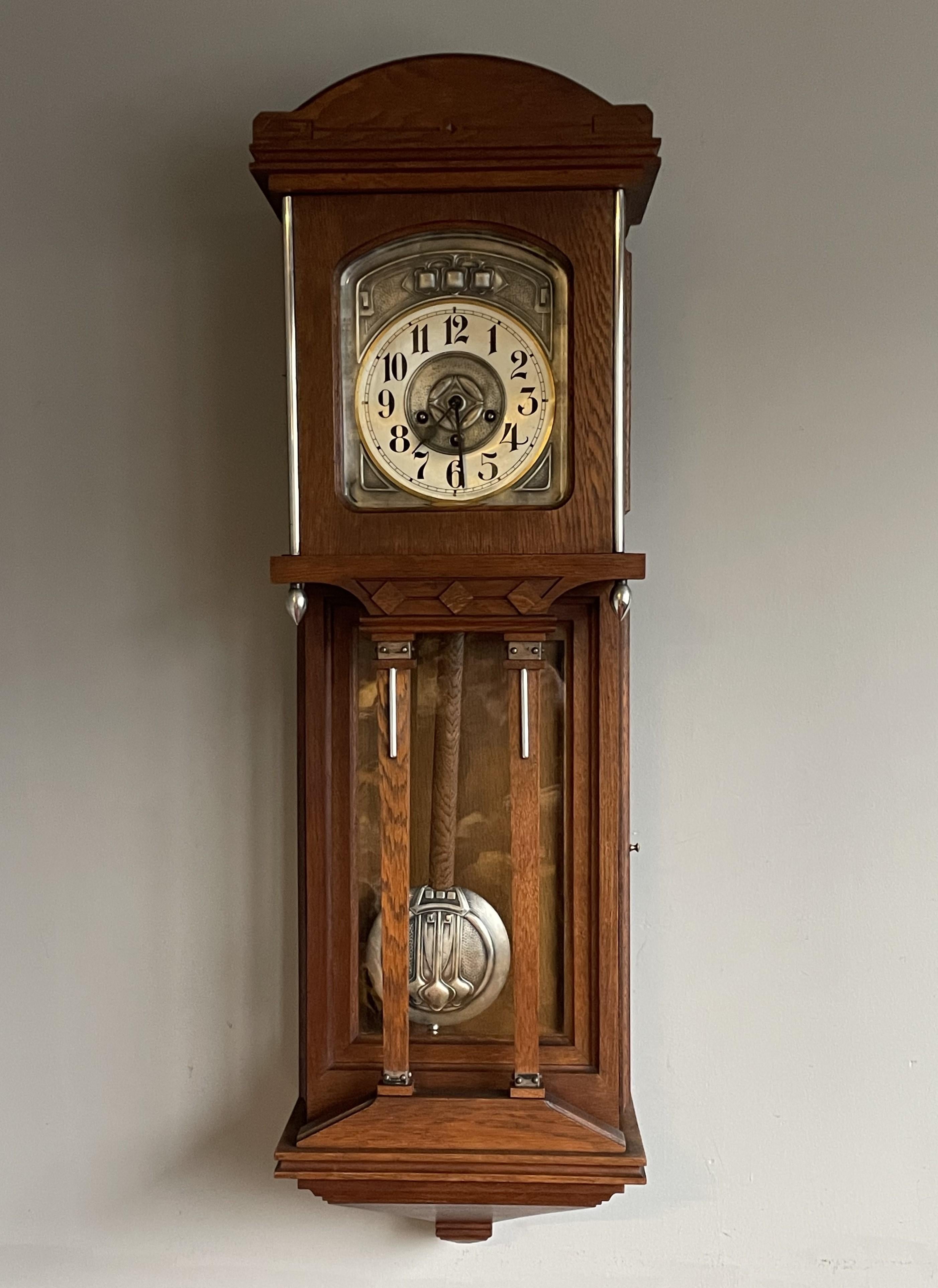 Large Antique Arts & Crafts Oak, Glass & Brass Wall Clock with Chime Mechanism 10