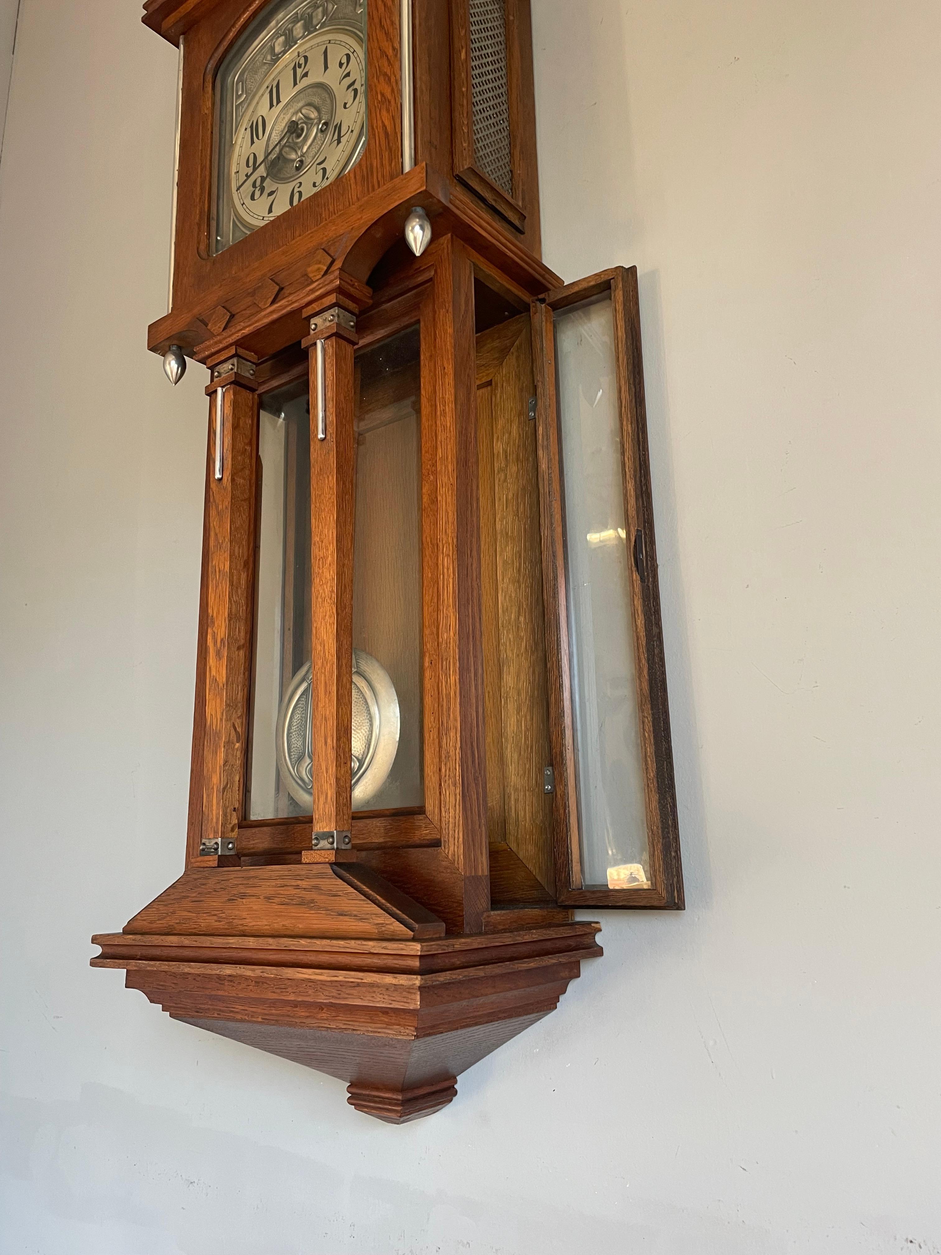 Large Antique Arts & Crafts Oak, Glass & Brass Wall Clock with Chime Mechanism 11