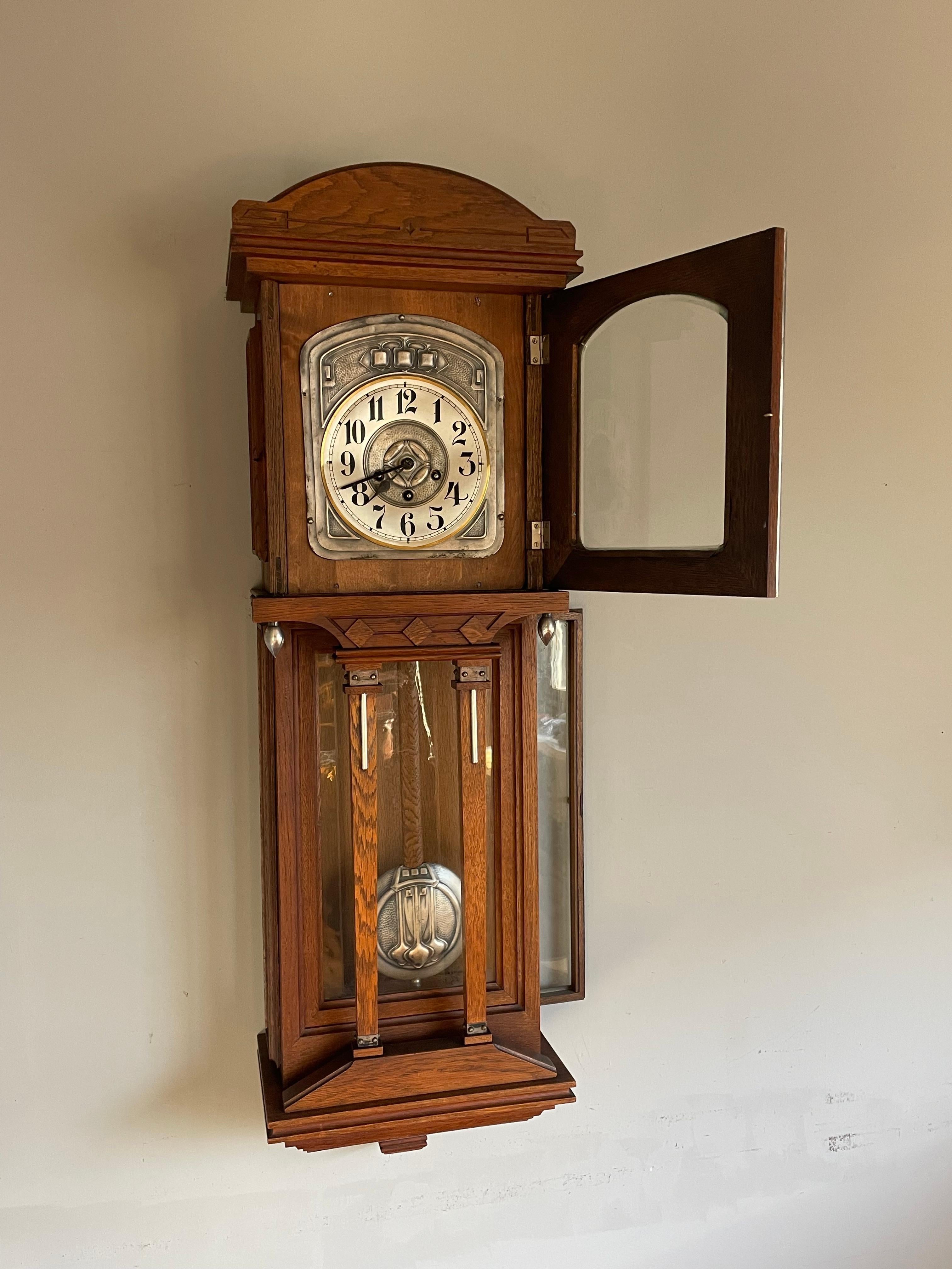 Large Antique Arts & Crafts Oak, Glass & Brass Wall Clock with Chime Mechanism 12