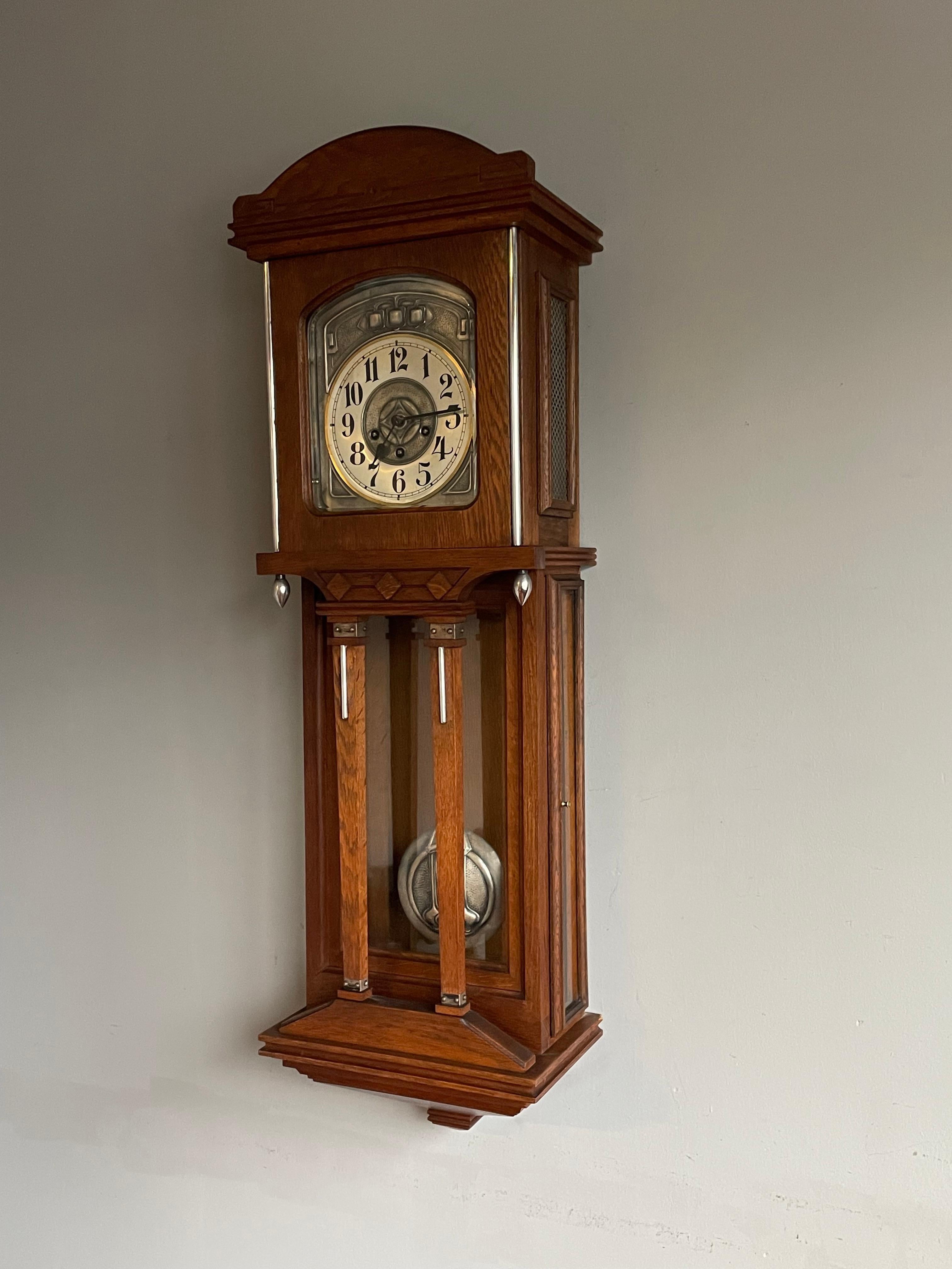 Large Antique Arts & Crafts Oak, Glass & Brass Wall Clock with Chime Mechanism 13
