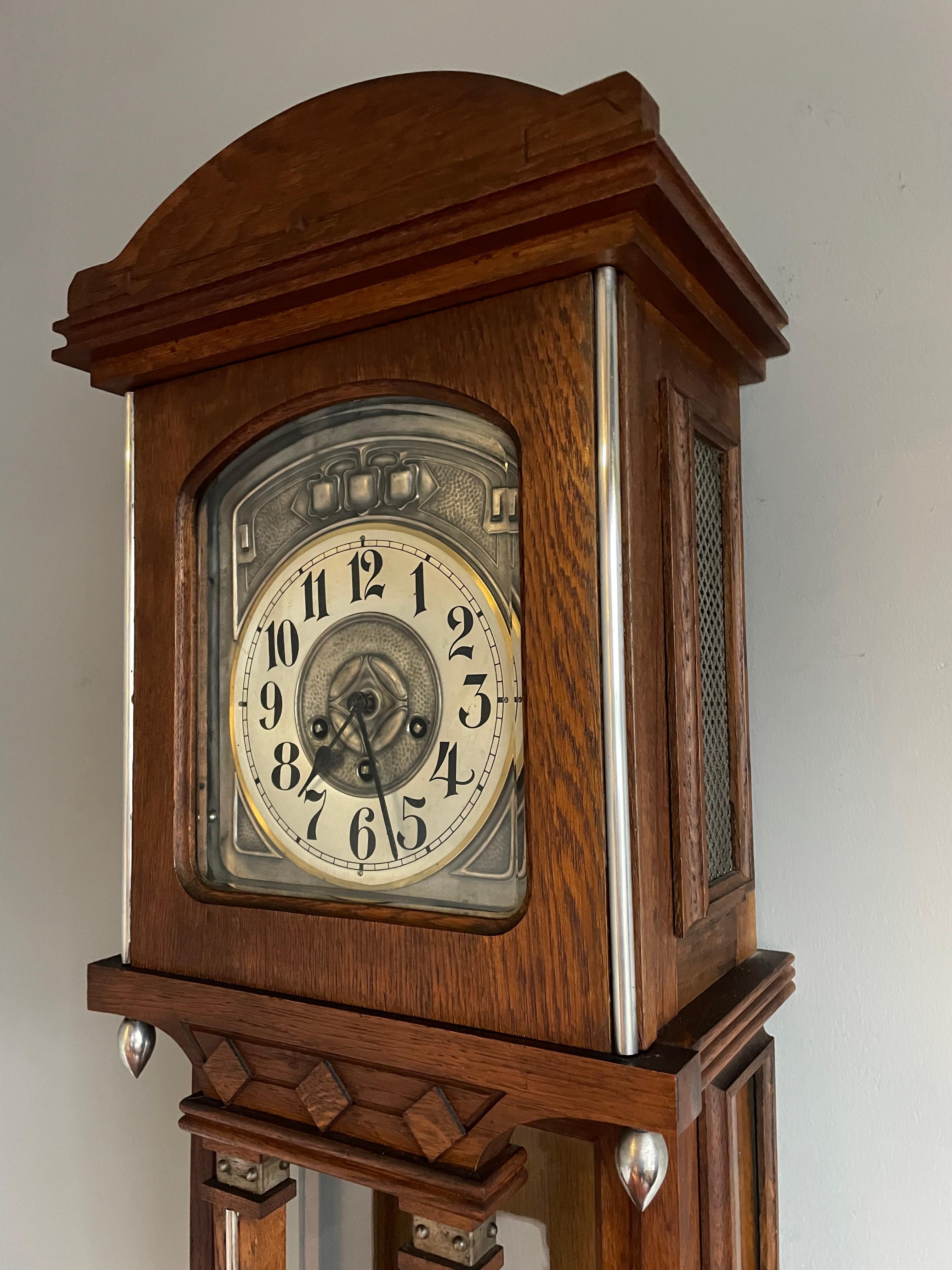 Jugendstil Large Antique Arts & Crafts Oak, Glass & Brass Wall Clock with Chime Mechanism