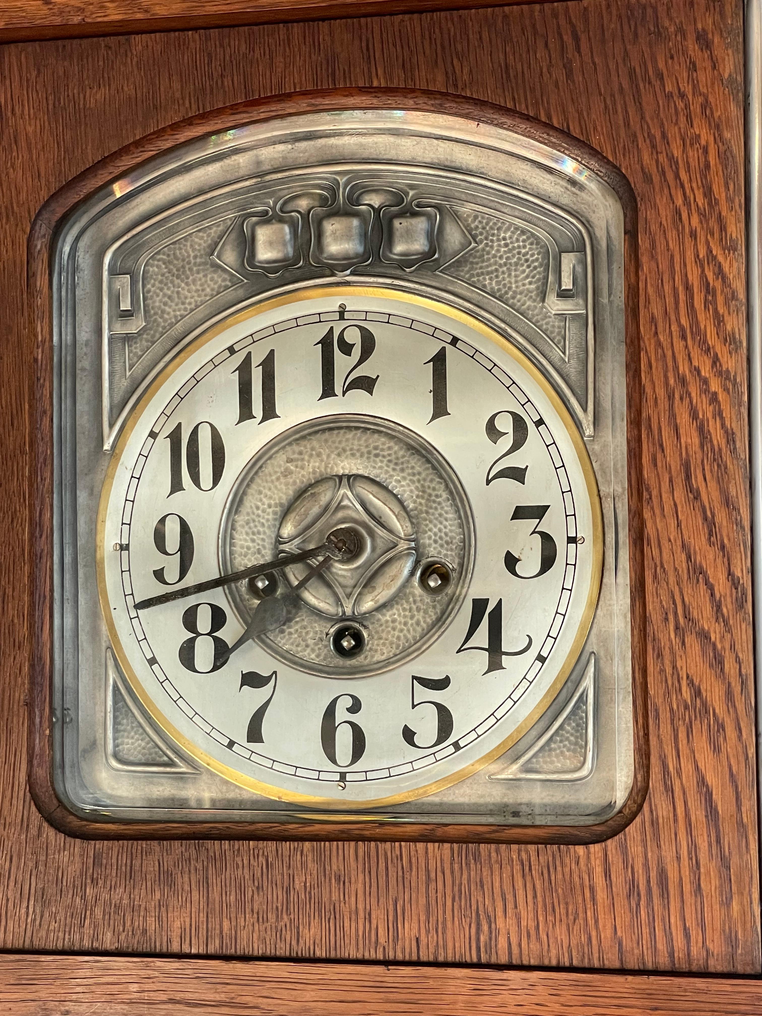European Large Antique Arts & Crafts Oak, Glass & Brass Wall Clock with Chime Mechanism