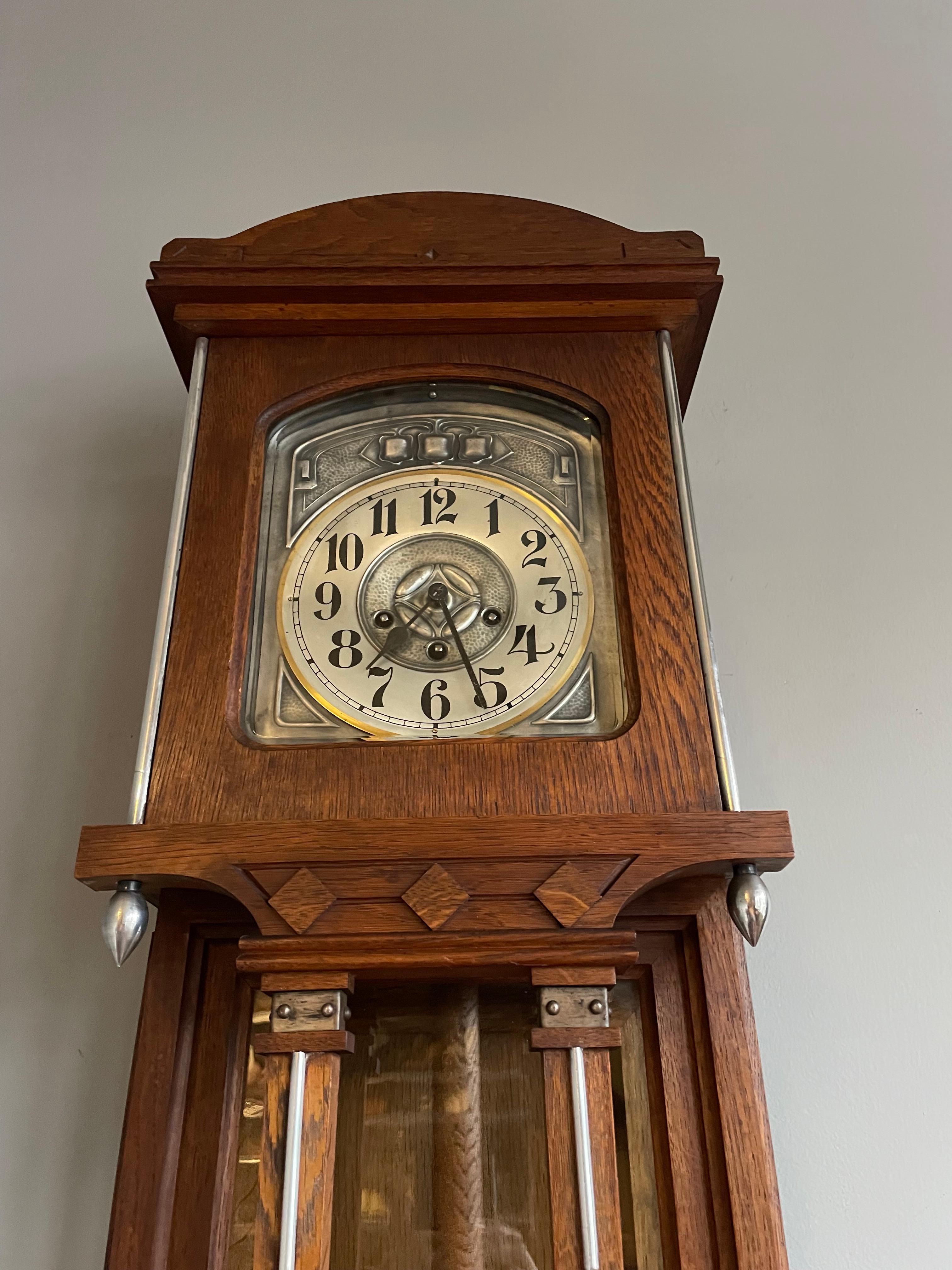 Beveled Large Antique Arts & Crafts Oak, Glass & Brass Wall Clock with Chime Mechanism