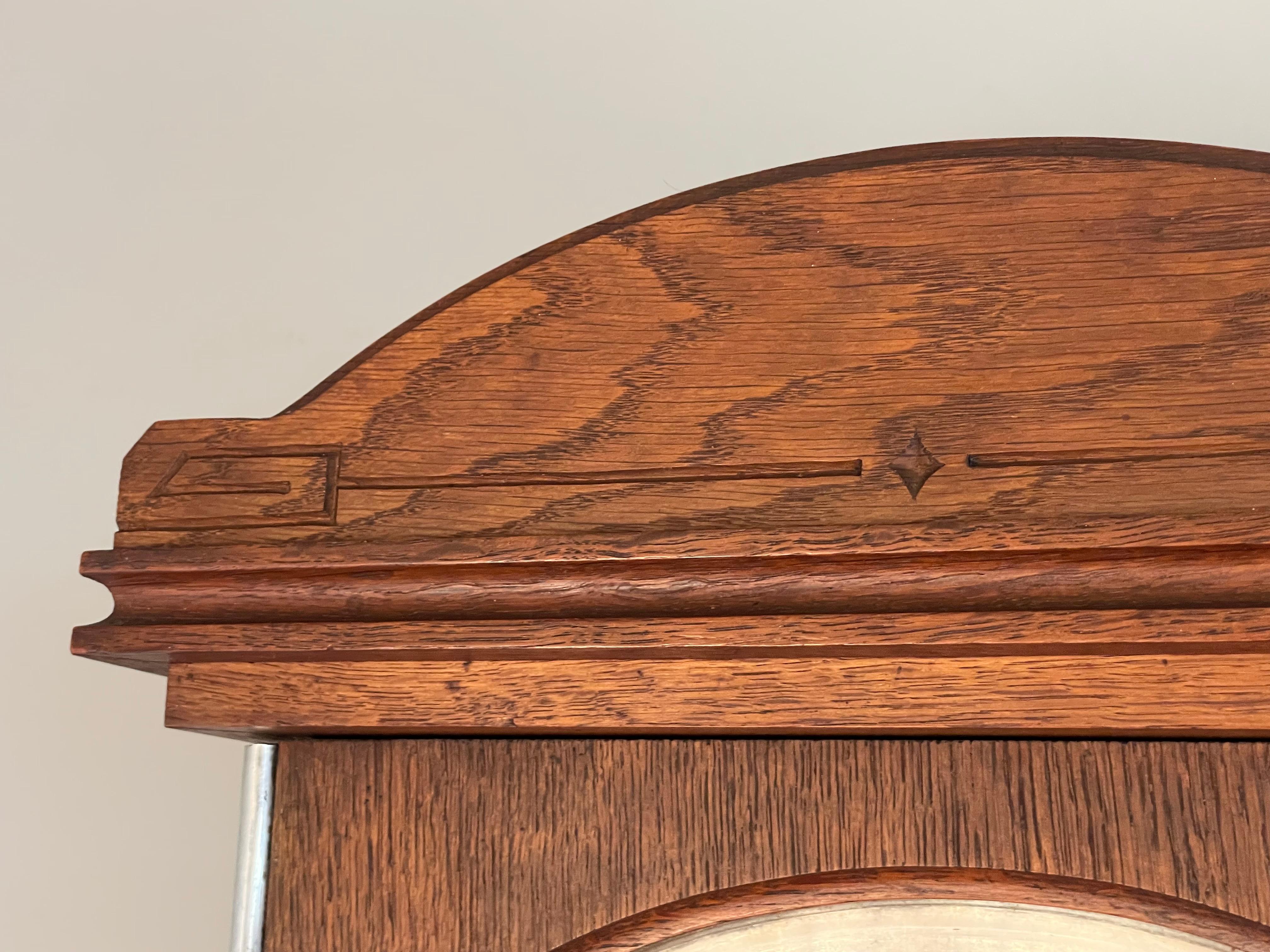 Large Antique Arts & Crafts Oak, Glass & Brass Wall Clock with Chime Mechanism In Excellent Condition In Lisse, NL