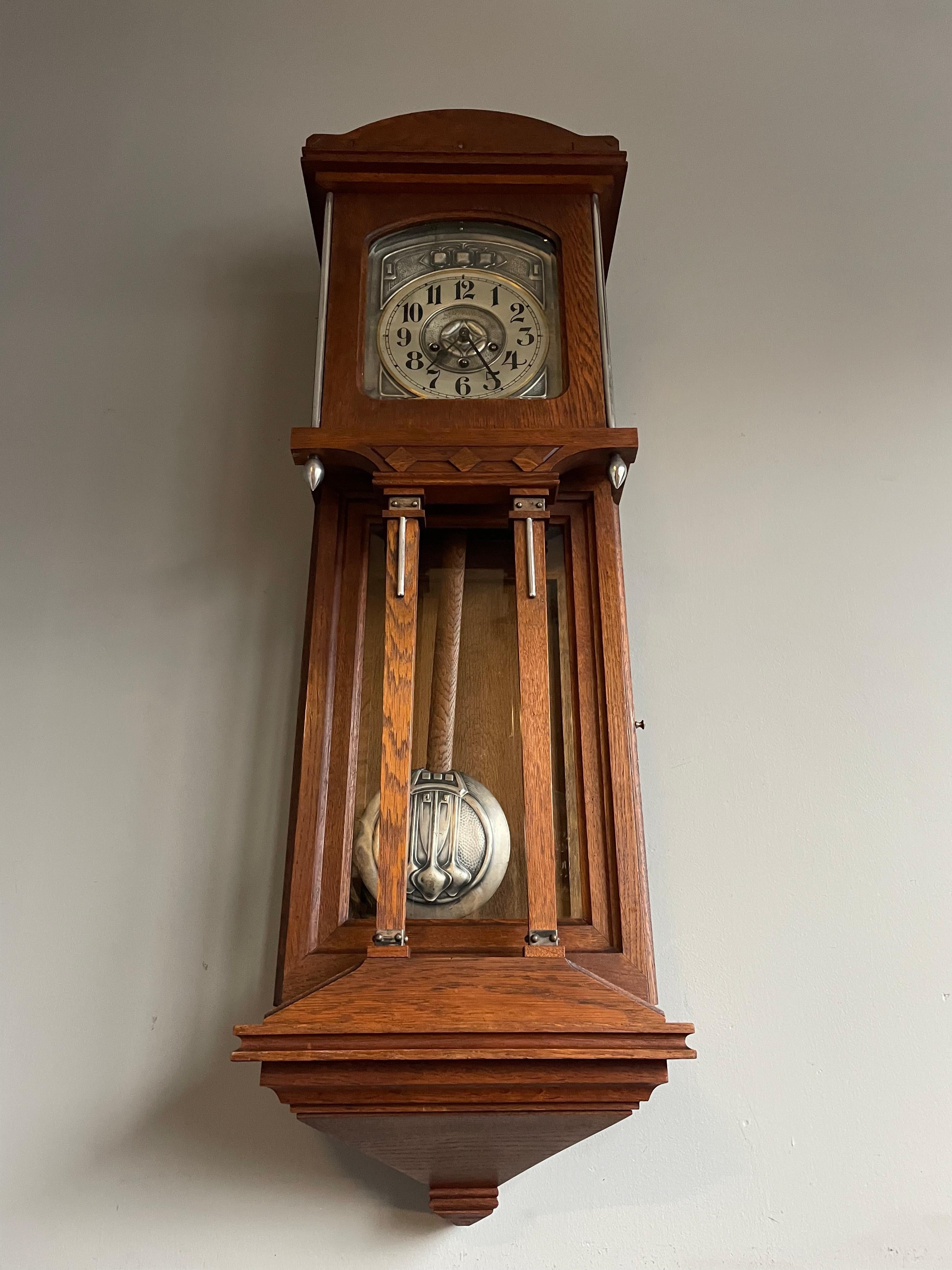20th Century Large Antique Arts & Crafts Oak, Glass & Brass Wall Clock with Chime Mechanism