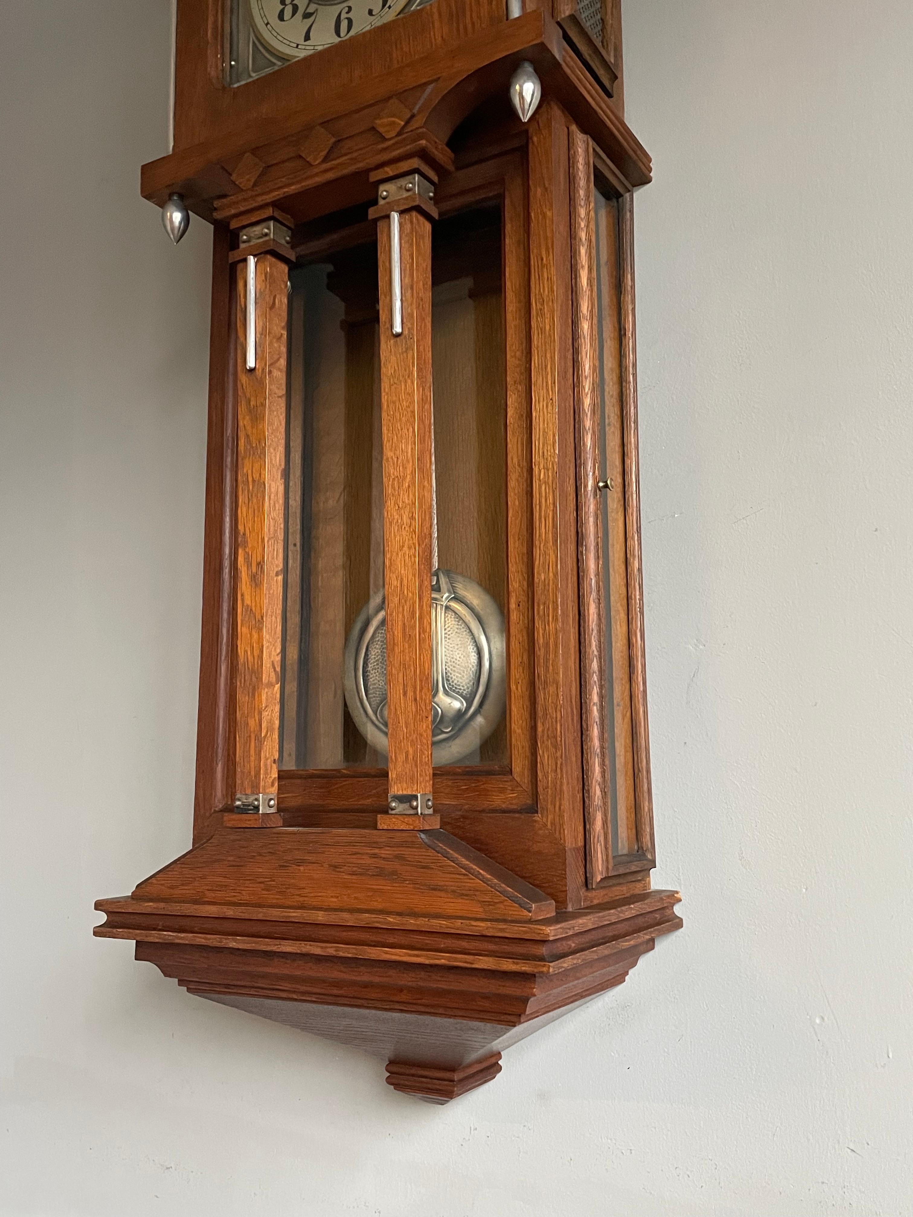 Large Antique Arts & Crafts Oak, Glass & Brass Wall Clock with Chime Mechanism 1