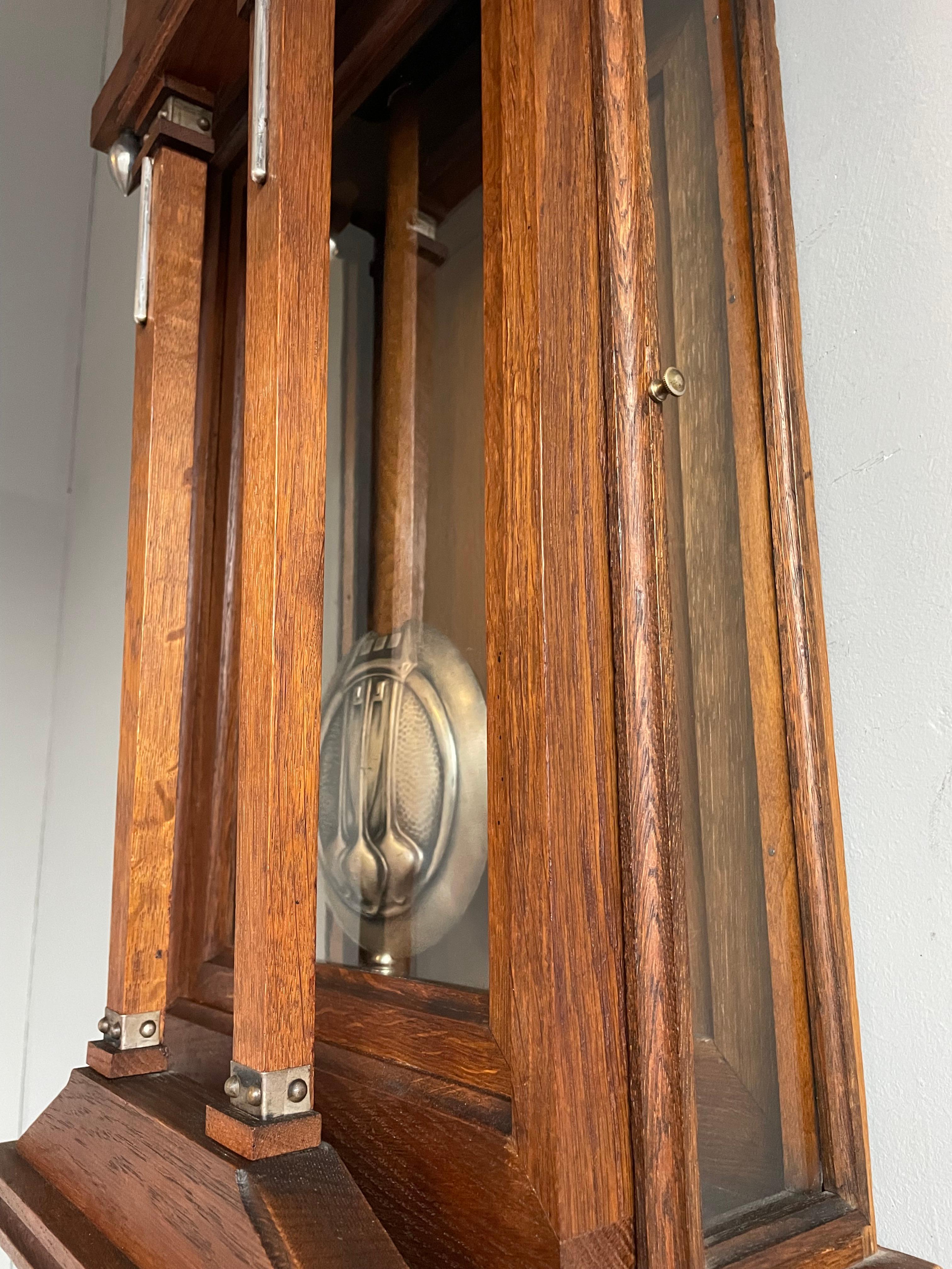 Large Antique Arts & Crafts Oak, Glass & Brass Wall Clock with Chime Mechanism 2