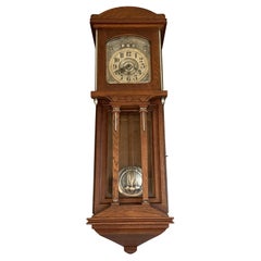Large Antique Arts & Crafts Oak, Glass & Brass Wall Clock with Chime Mechanism