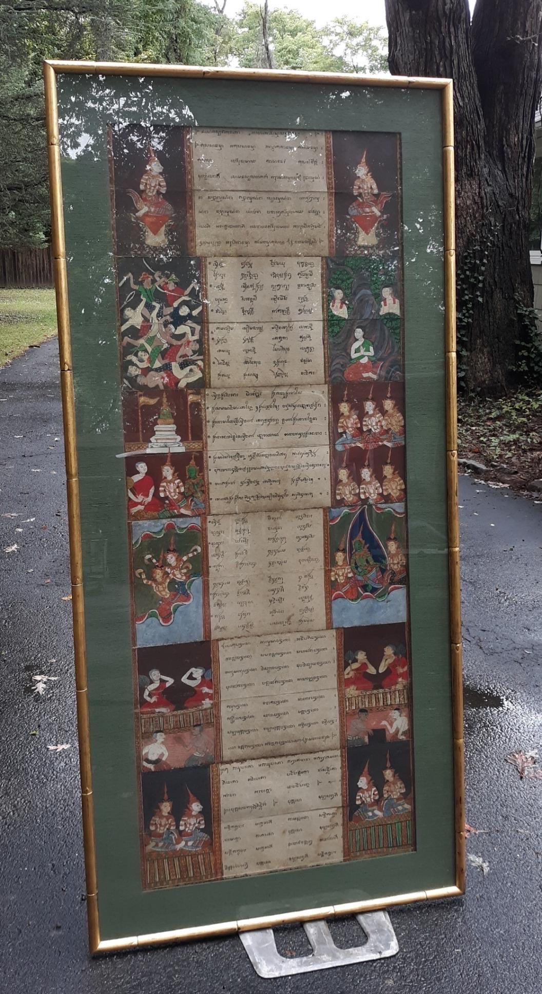 An early framed set of hand pained gouache prayer book pages in a bamboo style hardwood frame. The gilt wood frame with a green silk matt under glass, Thailand, 19th century.