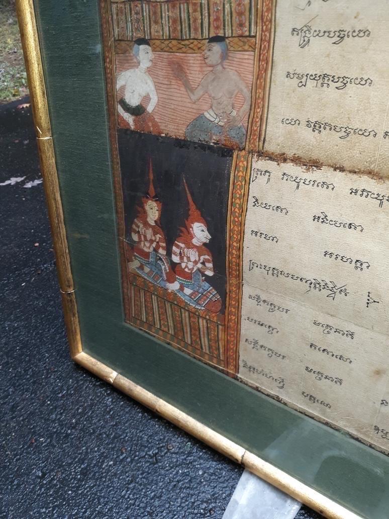 Hand-Painted Large Antique Asian Thai Framed Religious Painting For Sale