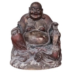 Large Antique Asian Wood Sculpture of the Laughing Buddha