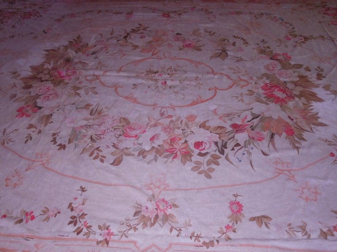 Wool Large Antique Aubusson Rug in Apricot, Coral and Pink