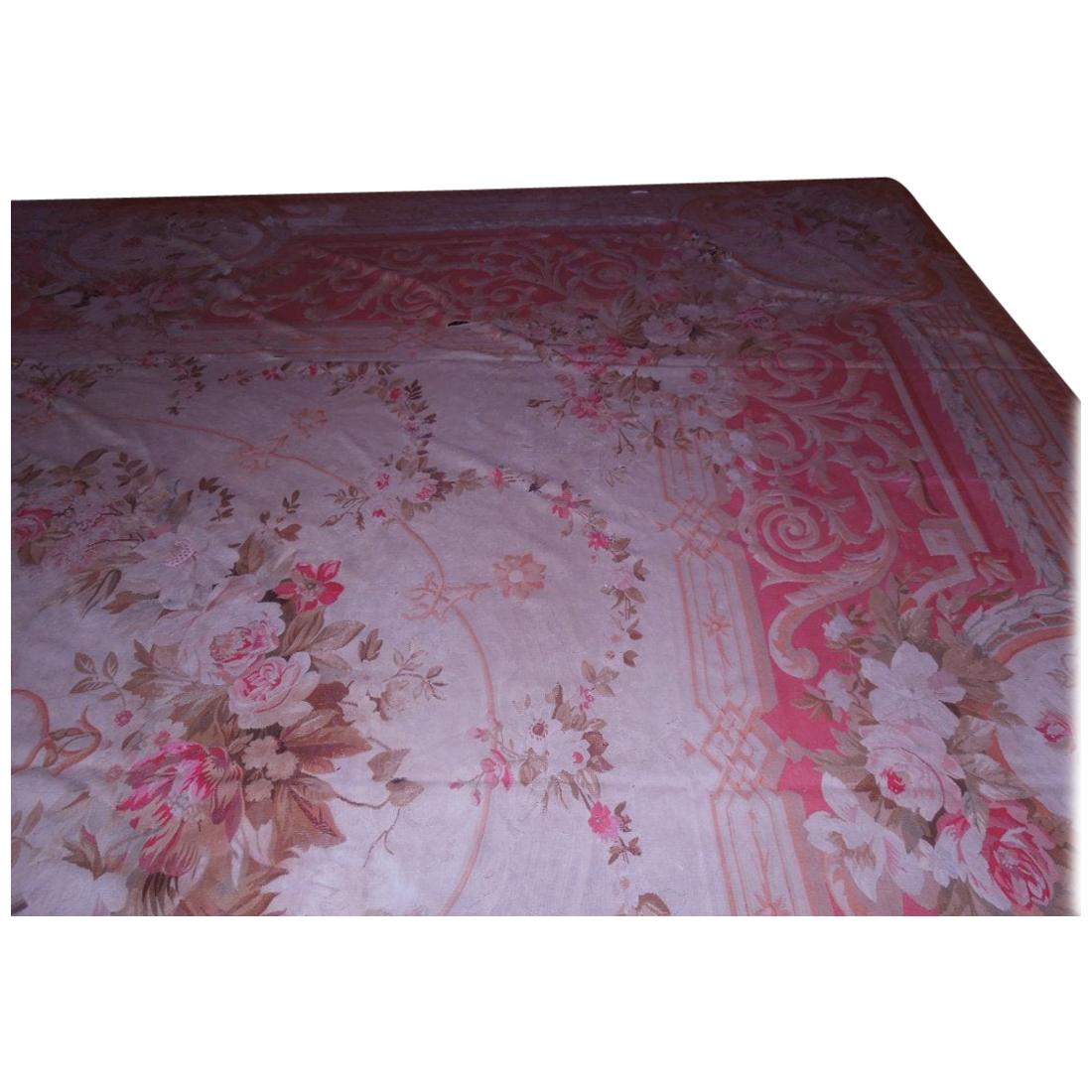 Large Antique Aubusson Rug in Apricot, Coral and Pink