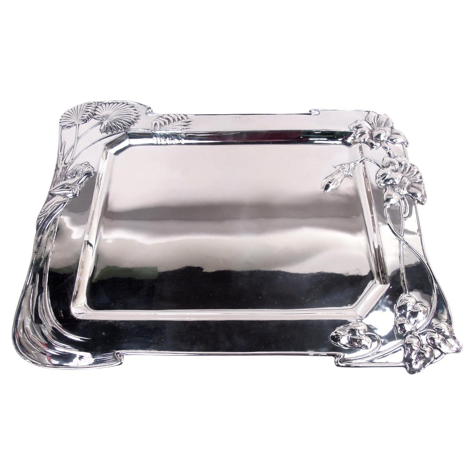 Bandeja grande de plata austriaca antigua Art Nouveau