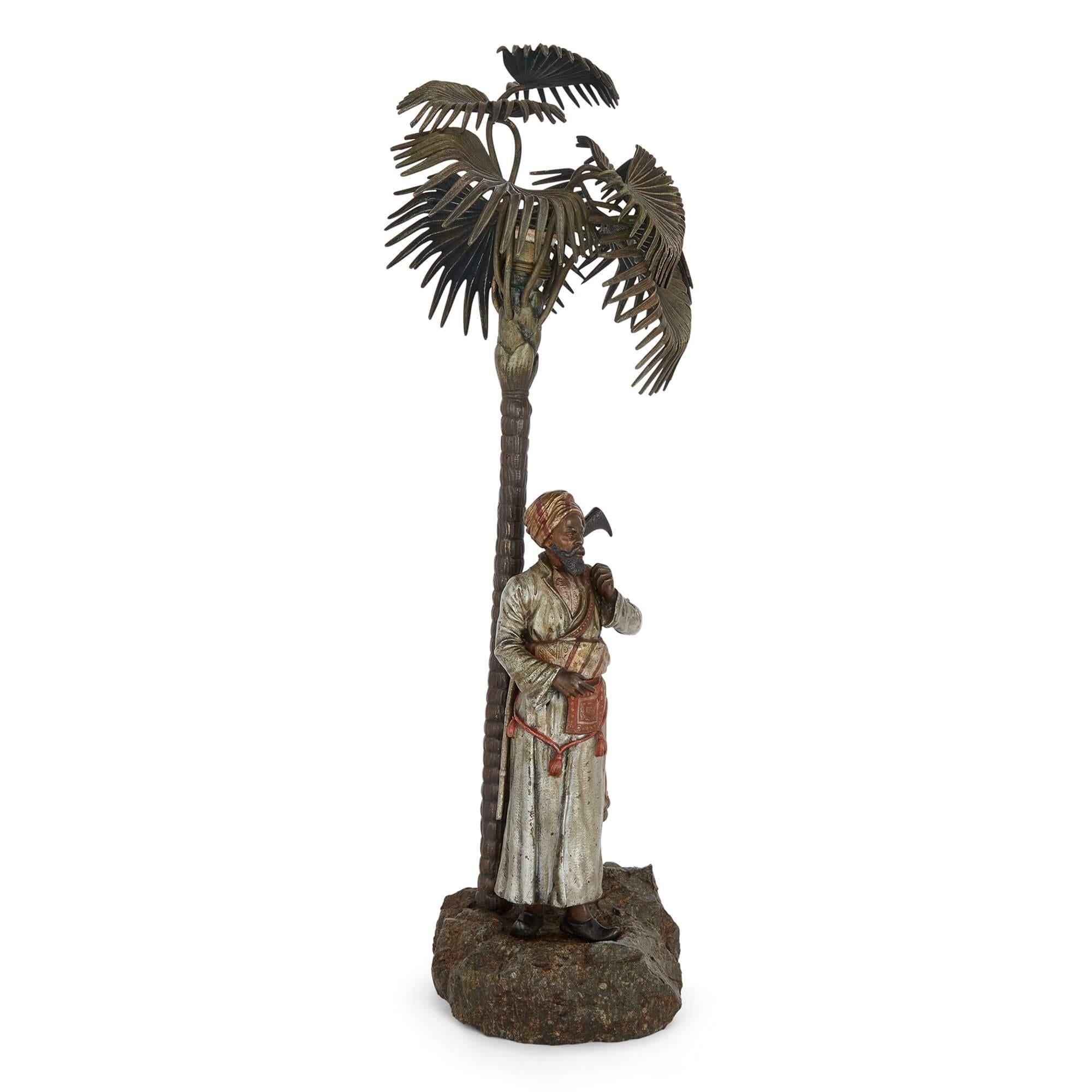 Islamic Large Antique Austrian Cold-Painted Bronze Figural Lamp For Sale
