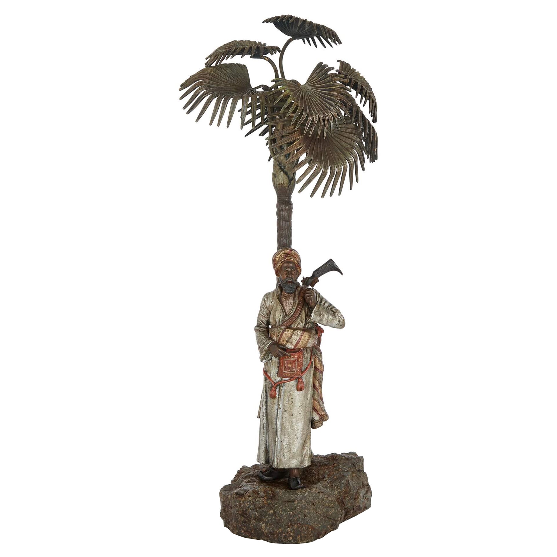 Gran Lámpara Figural Austriaca Antigua de Bronce Pintado en Frío