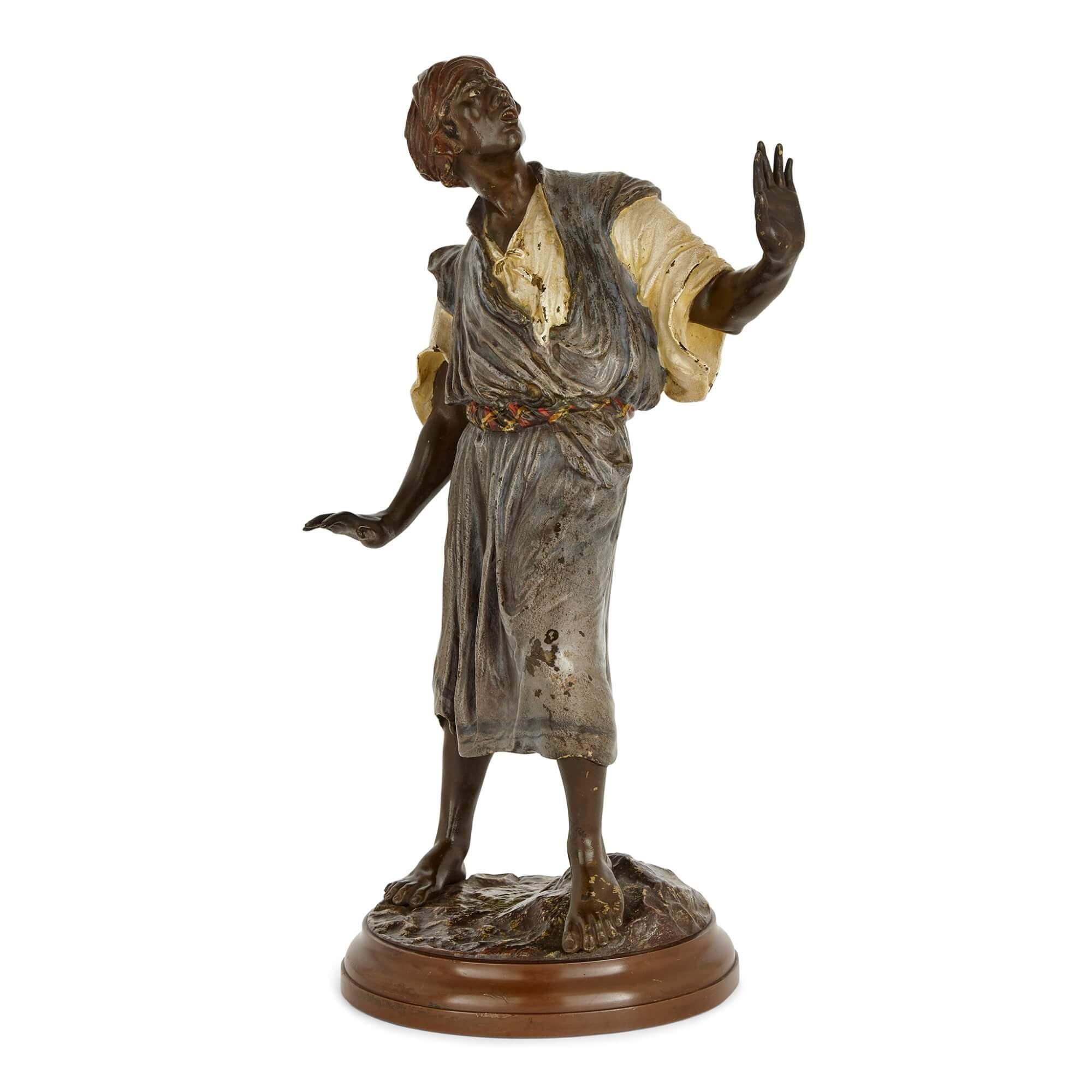Large antique Austrian cold-painted bronze figurative sculpture by Bergman 
Austrian, c. 1910
Height 33cm, width 19cm, depth 14cm

Depicting an unusual composition, this Viennese cold-painted bronze was crafted by Franz Xaver Bergman (1861-1936). He