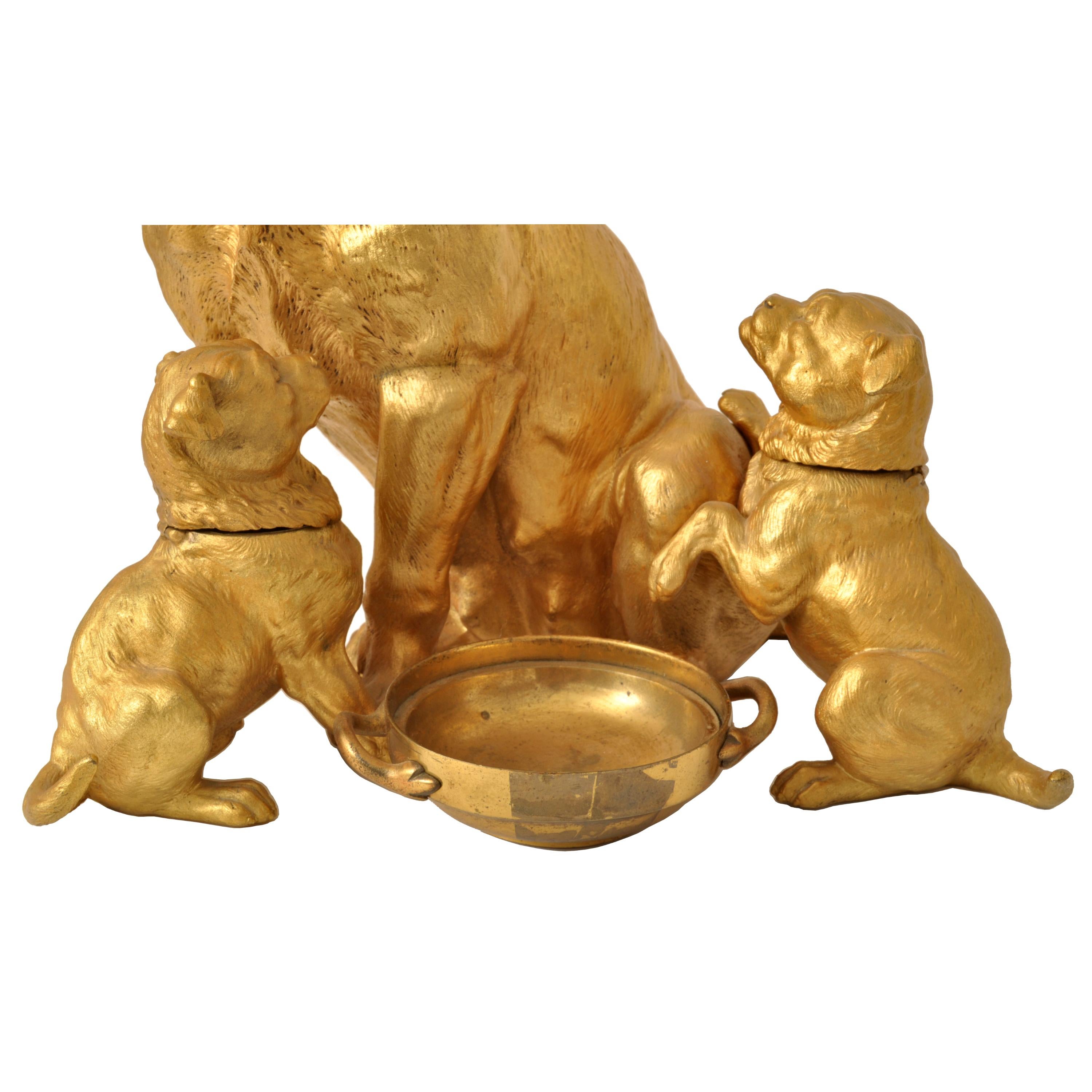 Large Antique Austrian Gilded Bronze Desk Set Sculpture Statue Pug Dogs Puppies For Sale 5