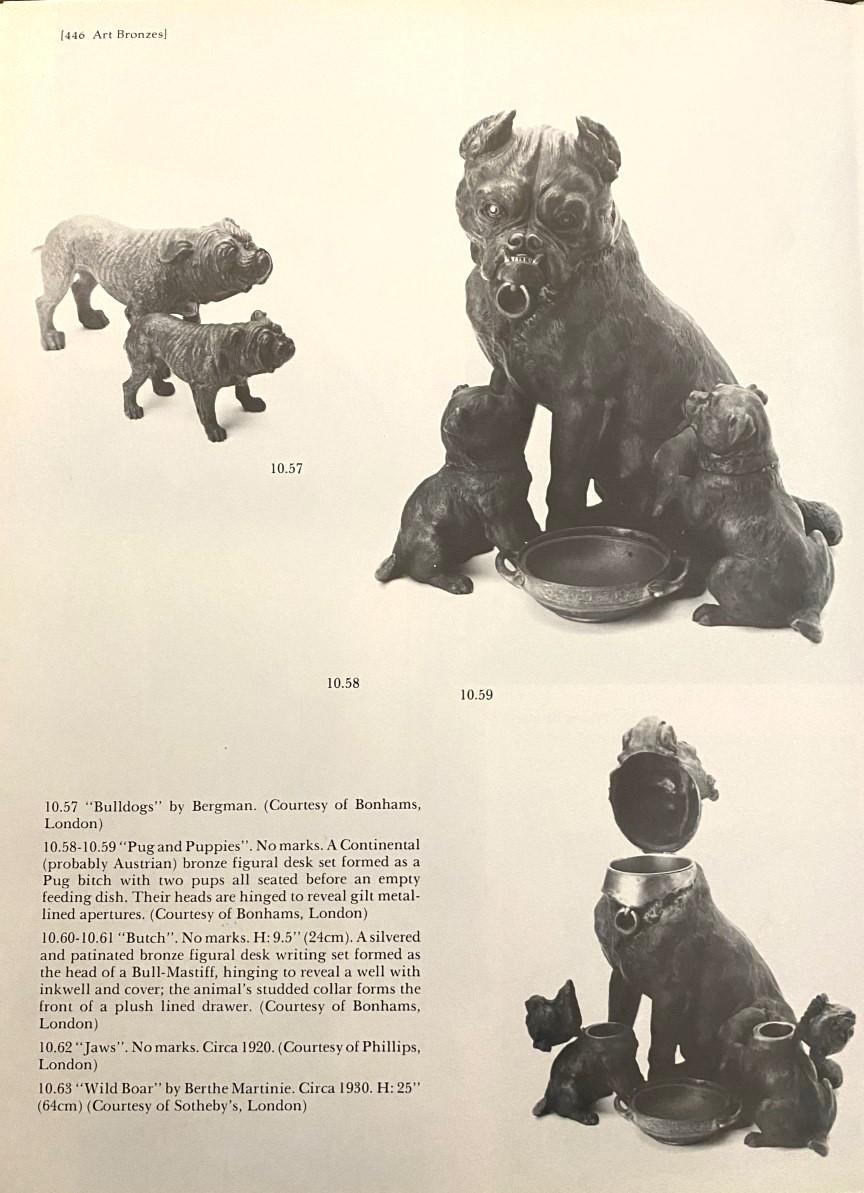 Gran Antiguo Austriaco Bronce Dorado Escritorio Conjunto Escultura Estatua Pug Perros Cachorros en venta 7