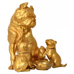Large Antique Austrian Gilded Bronze Desk Set Sculpture Statue Pug Dogs Puppies