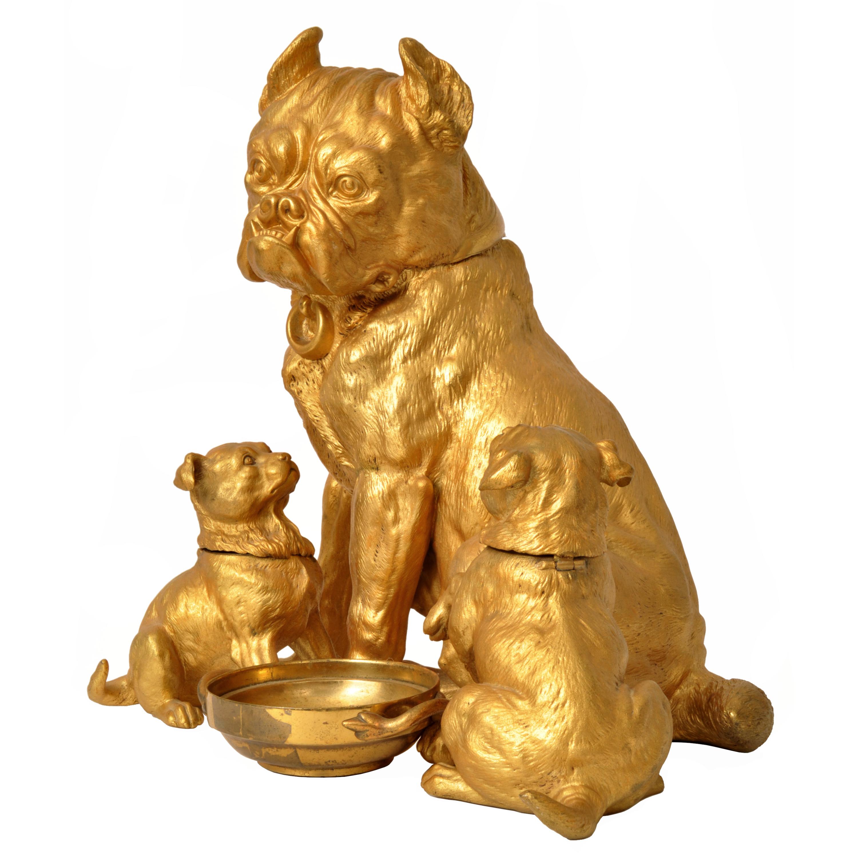 Art Nouveau Large Antique Austrian Gilded Bronze Desk Set Sculpture Statue Pug Dogs Puppies For Sale