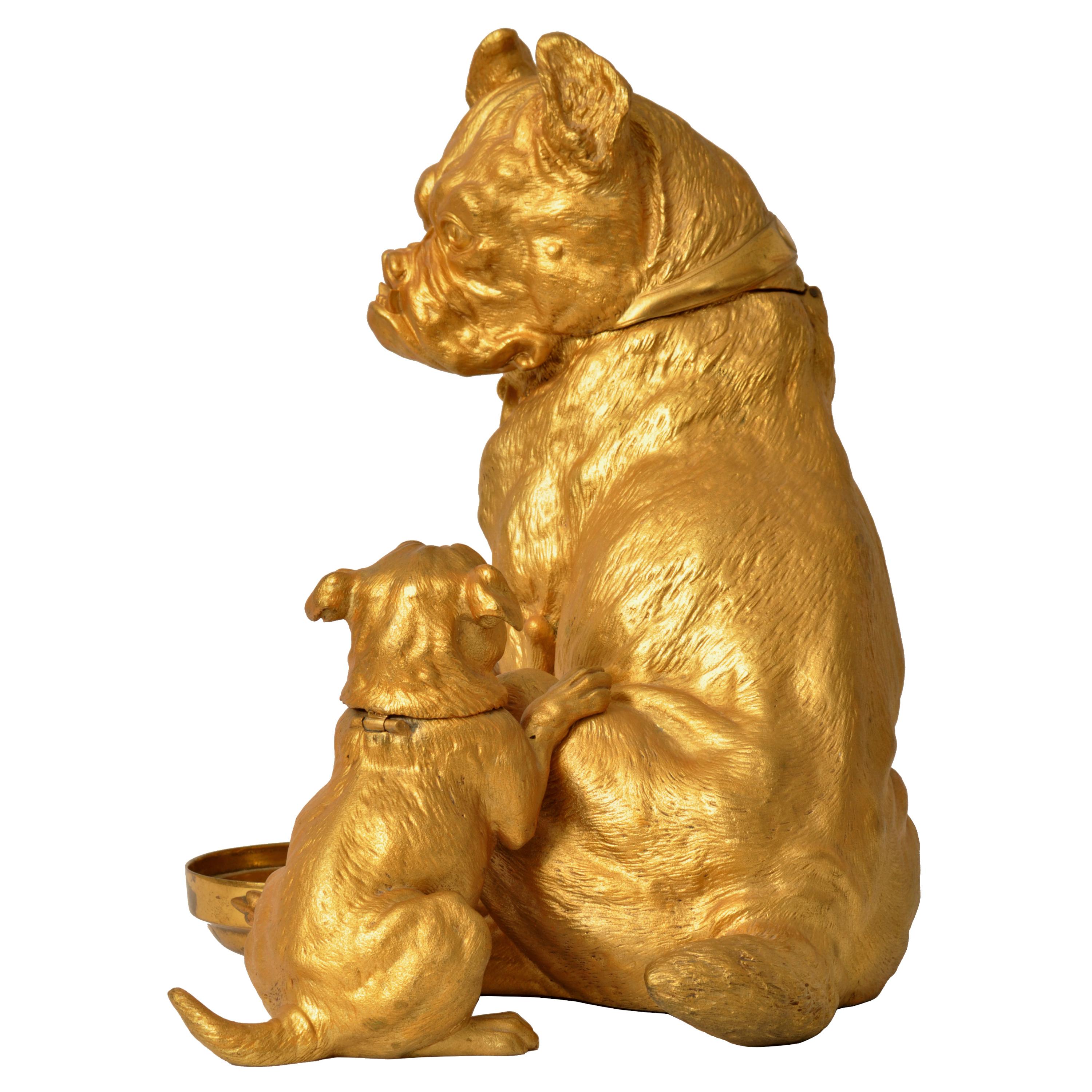 Gilt Large Antique Austrian Gilded Bronze Desk Set Sculpture Statue Pug Dogs Puppies For Sale