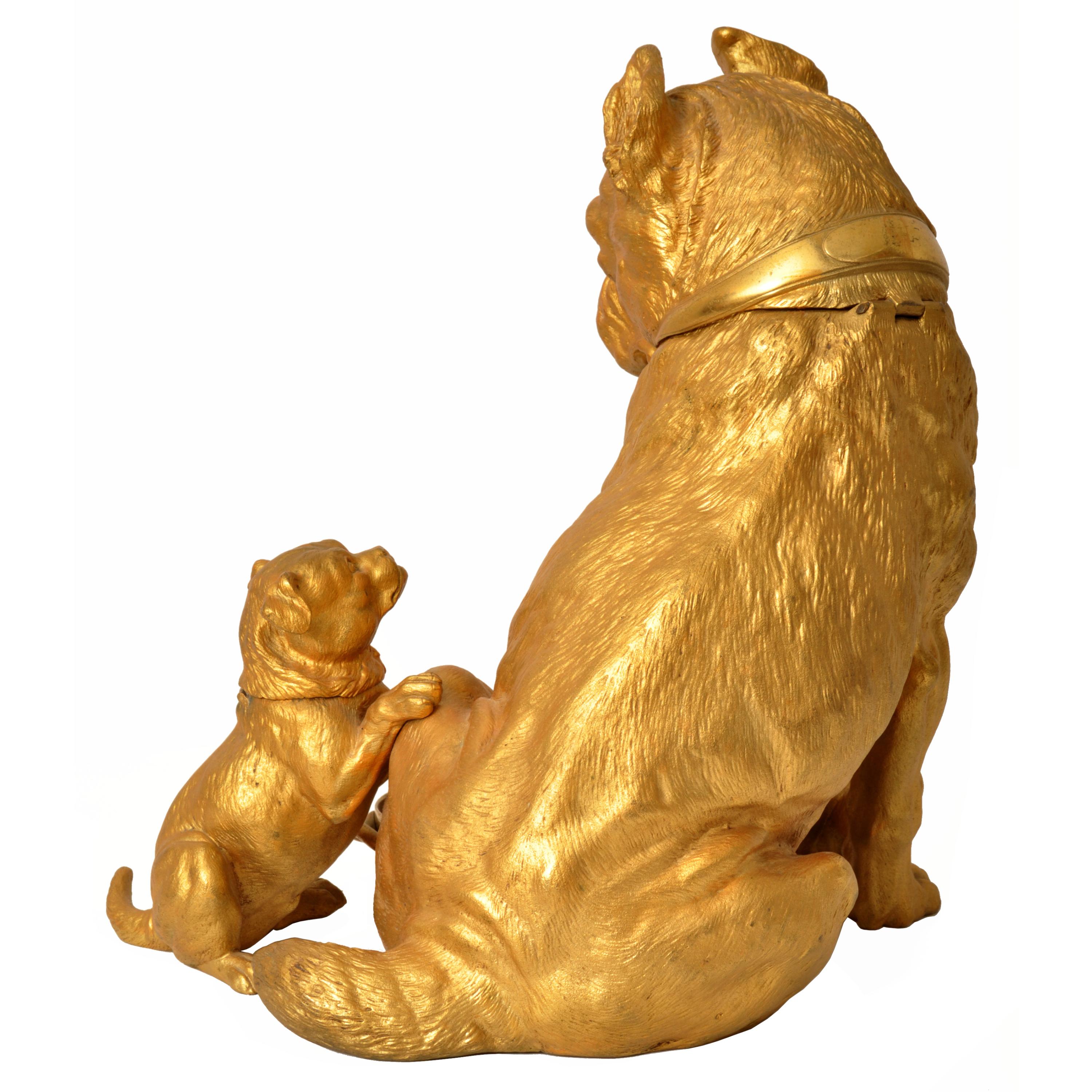 Large Antique Austrian Gilded Bronze Desk Set Sculpture Statue Pug Dogs Puppies In Good Condition For Sale In Portland, OR
