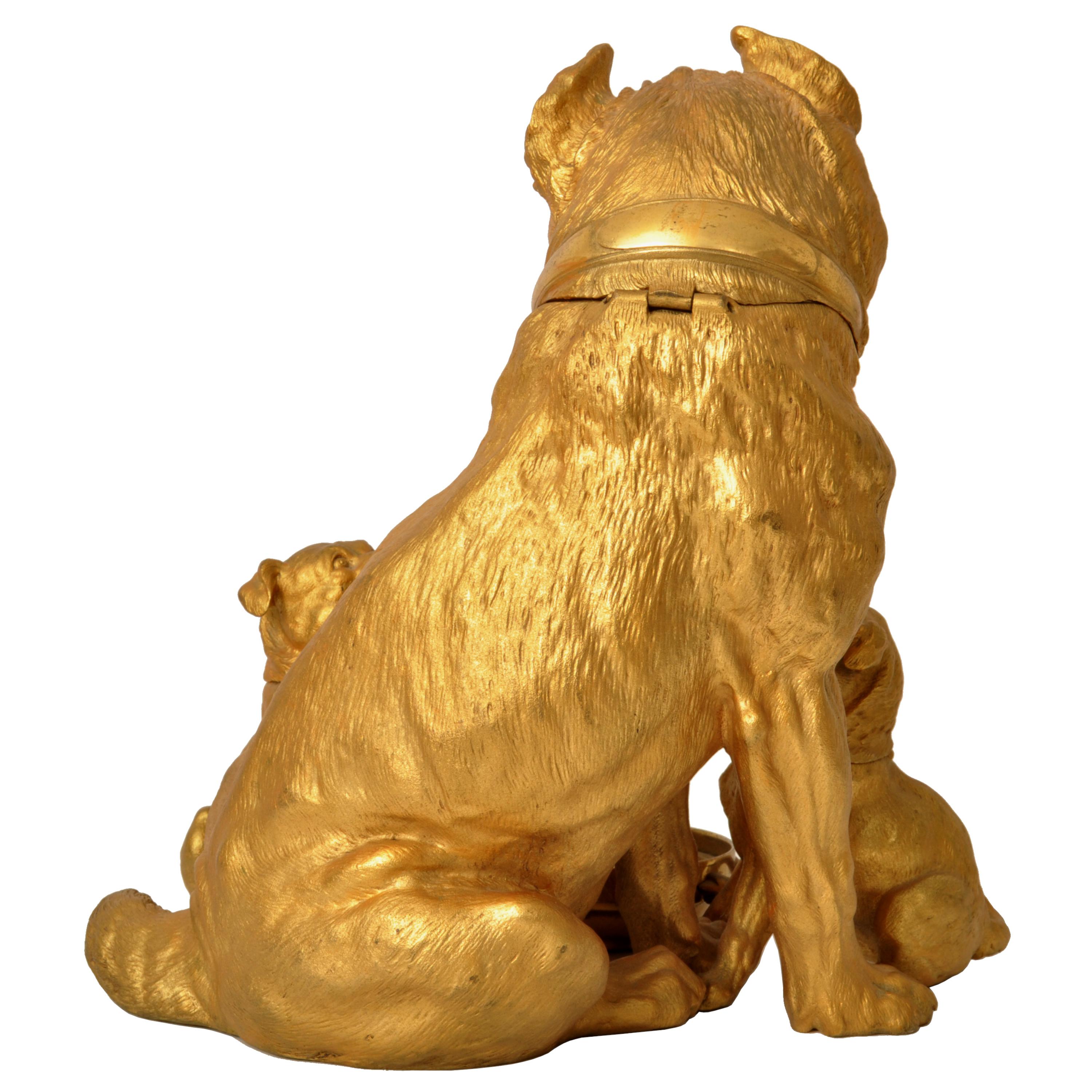Große antike österreichische vergoldete Bronzeskulptur-Schreibtisch-Skulptur, Pug-Hunde, Puppiche, Puppiche im Zustand „Gut“ im Angebot in Portland, OR