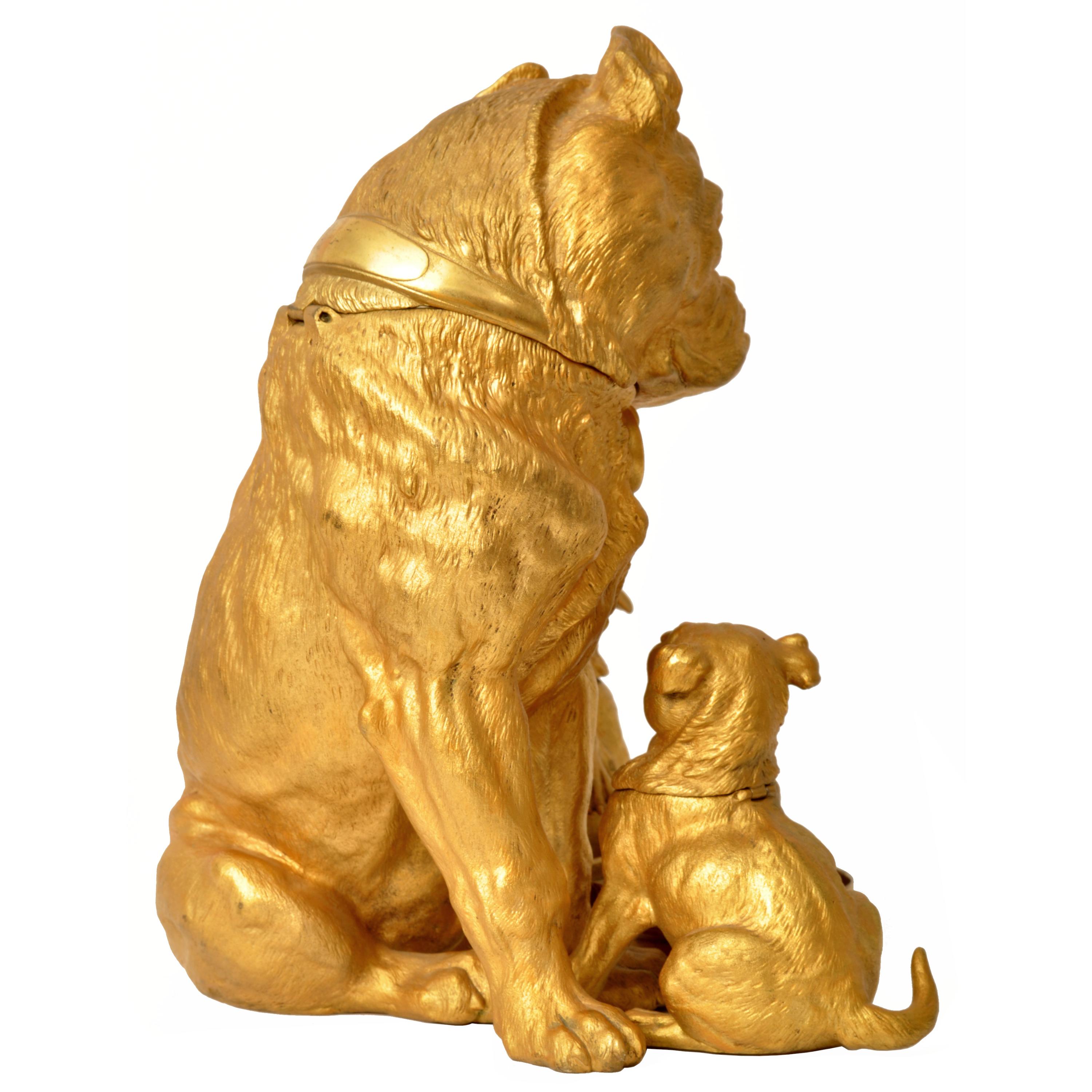 Große antike österreichische vergoldete Bronzeskulptur-Schreibtisch-Skulptur, Pug-Hunde, Puppiche, Puppiche (Frühes 20. Jahrhundert) im Angebot