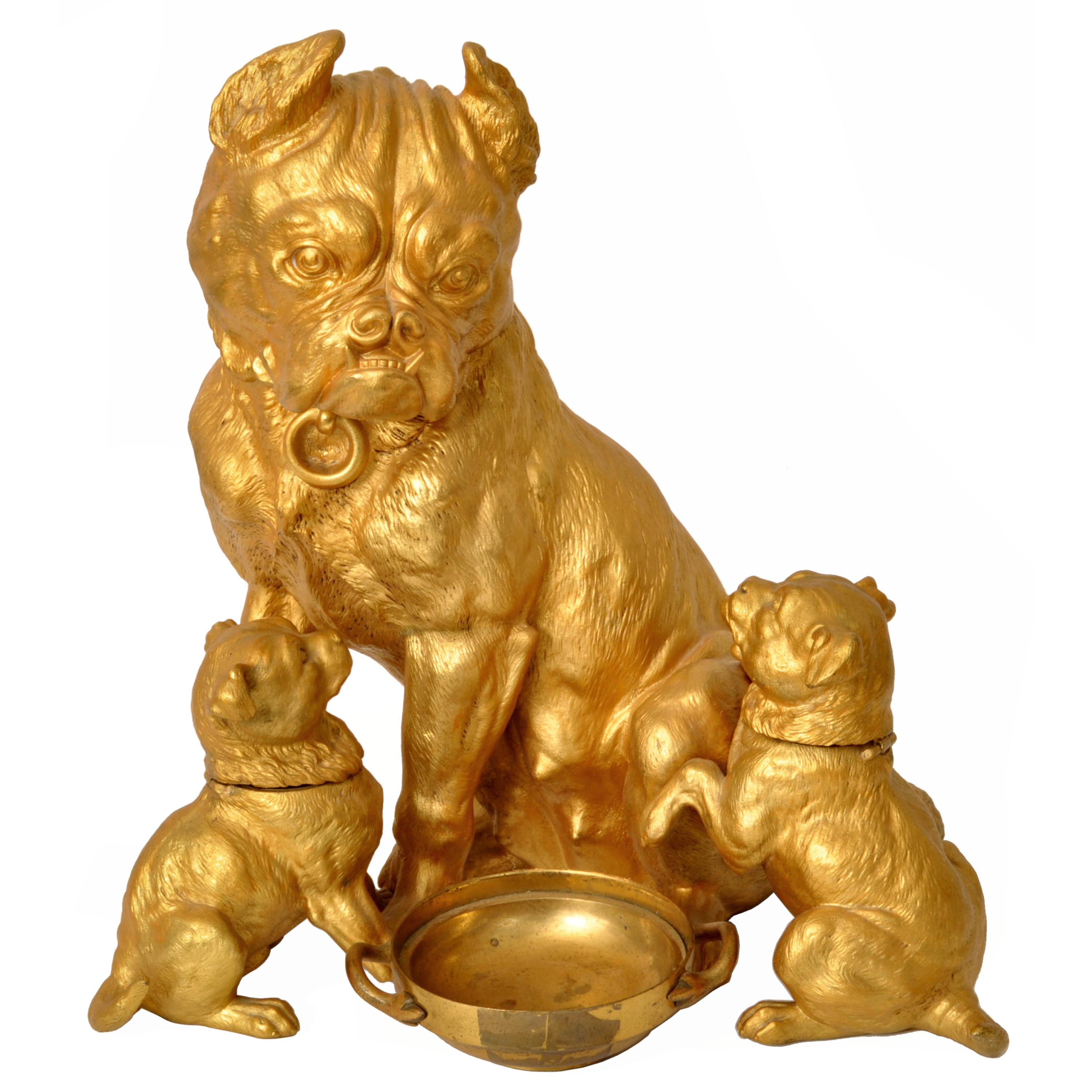 Large Antique Austrian Gilded Bronze Desk Set Sculpture Statue Pug Dogs Puppies For Sale 2