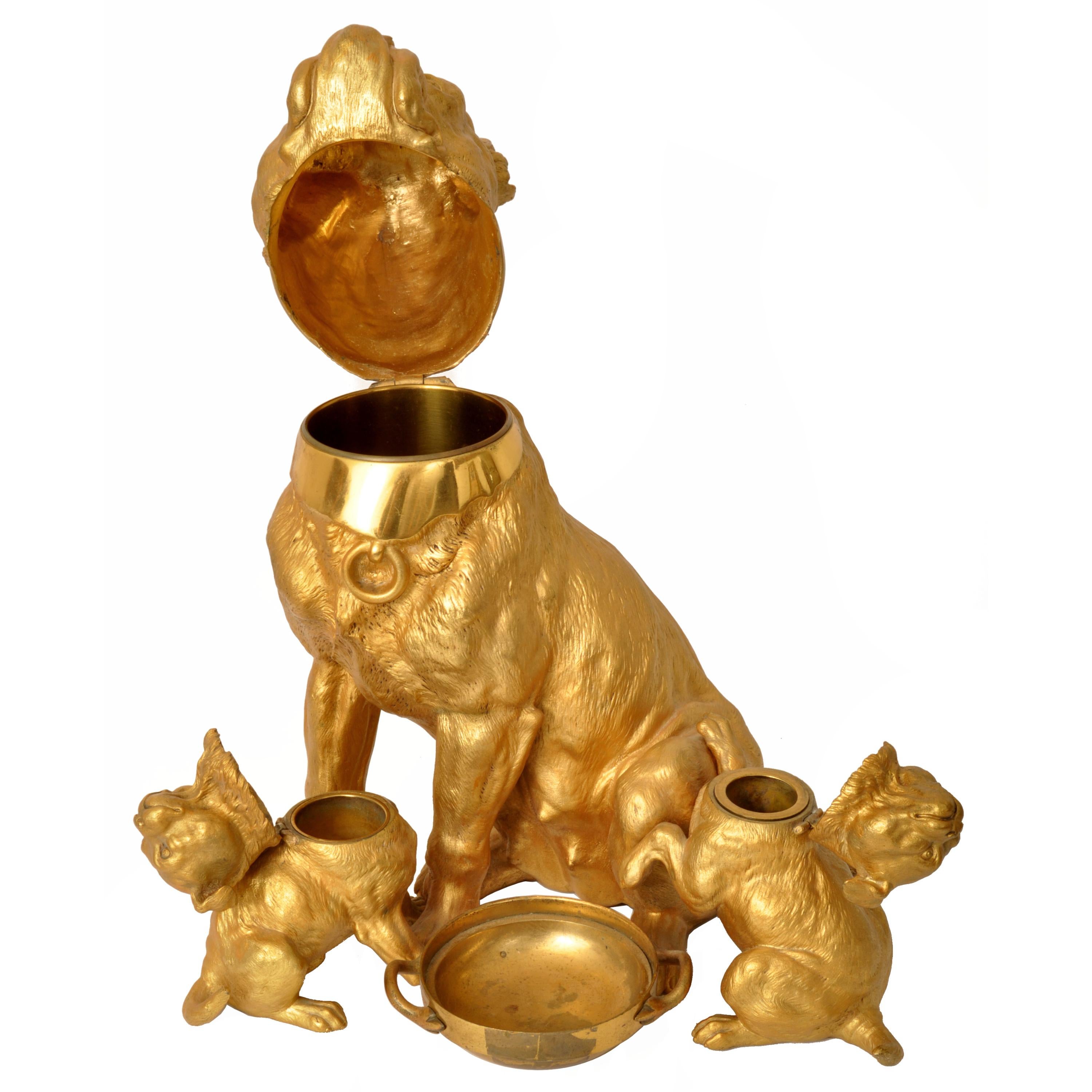 Large Antique Austrian Gilded Bronze Desk Set Sculpture Statue Pug Dogs Puppies For Sale 3