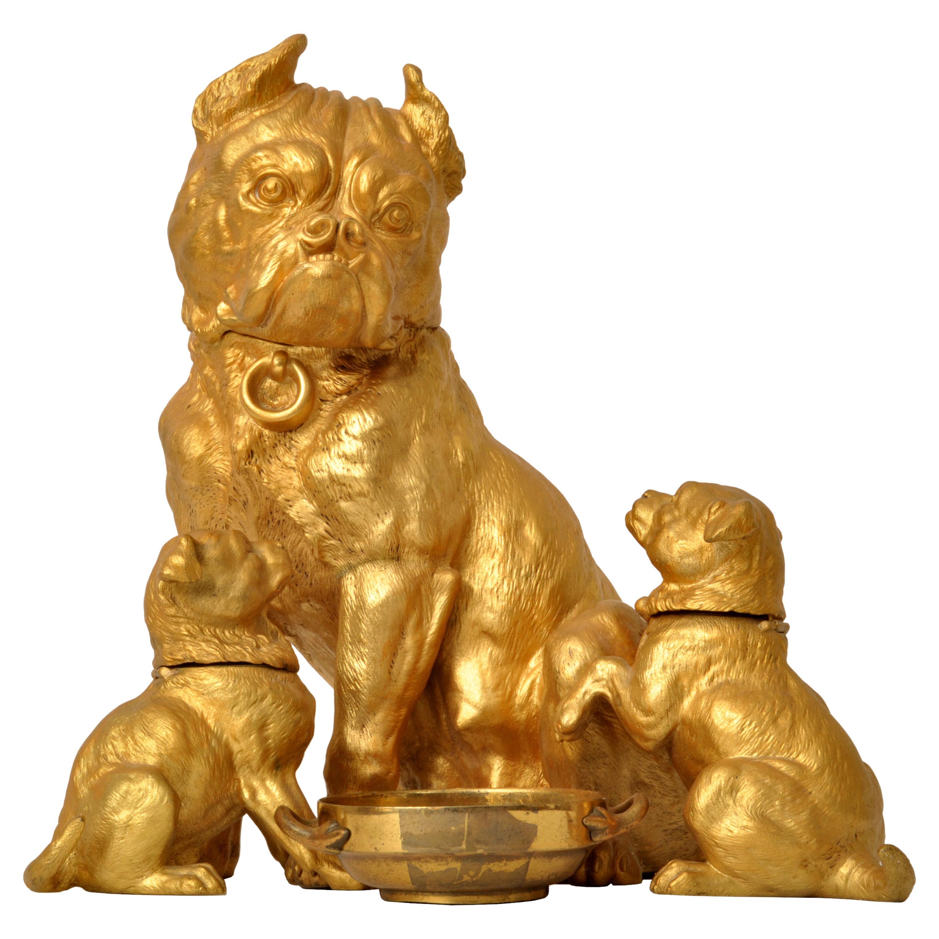 Large Antique Austrian Gilded Bronze Desk Set Sculpture Statue Pug Dogs Puppies