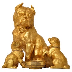 Grande sculpture de bureau autrichienne ancienne en bronze doré Pug Dogs Puppies