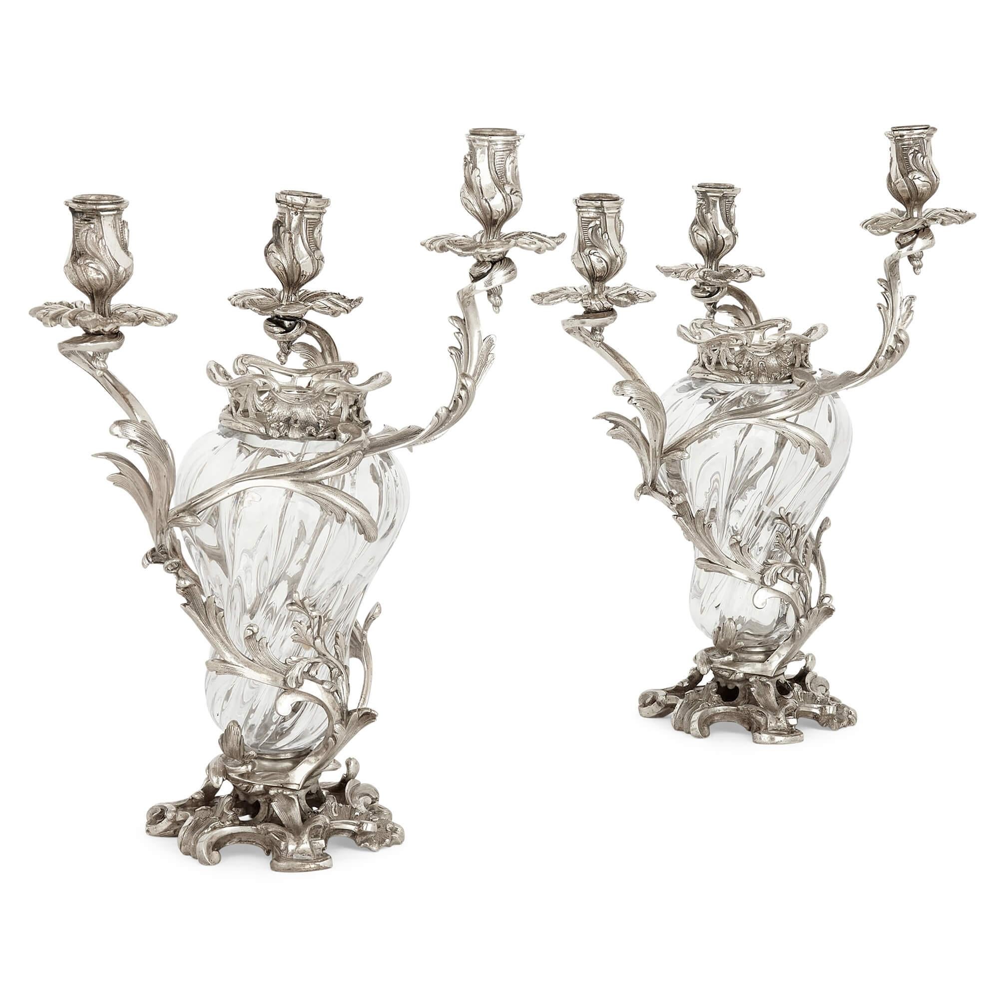Rococo Large Antique Austrian Silver and Glass Garniture by Schwarz & Steiner For Sale