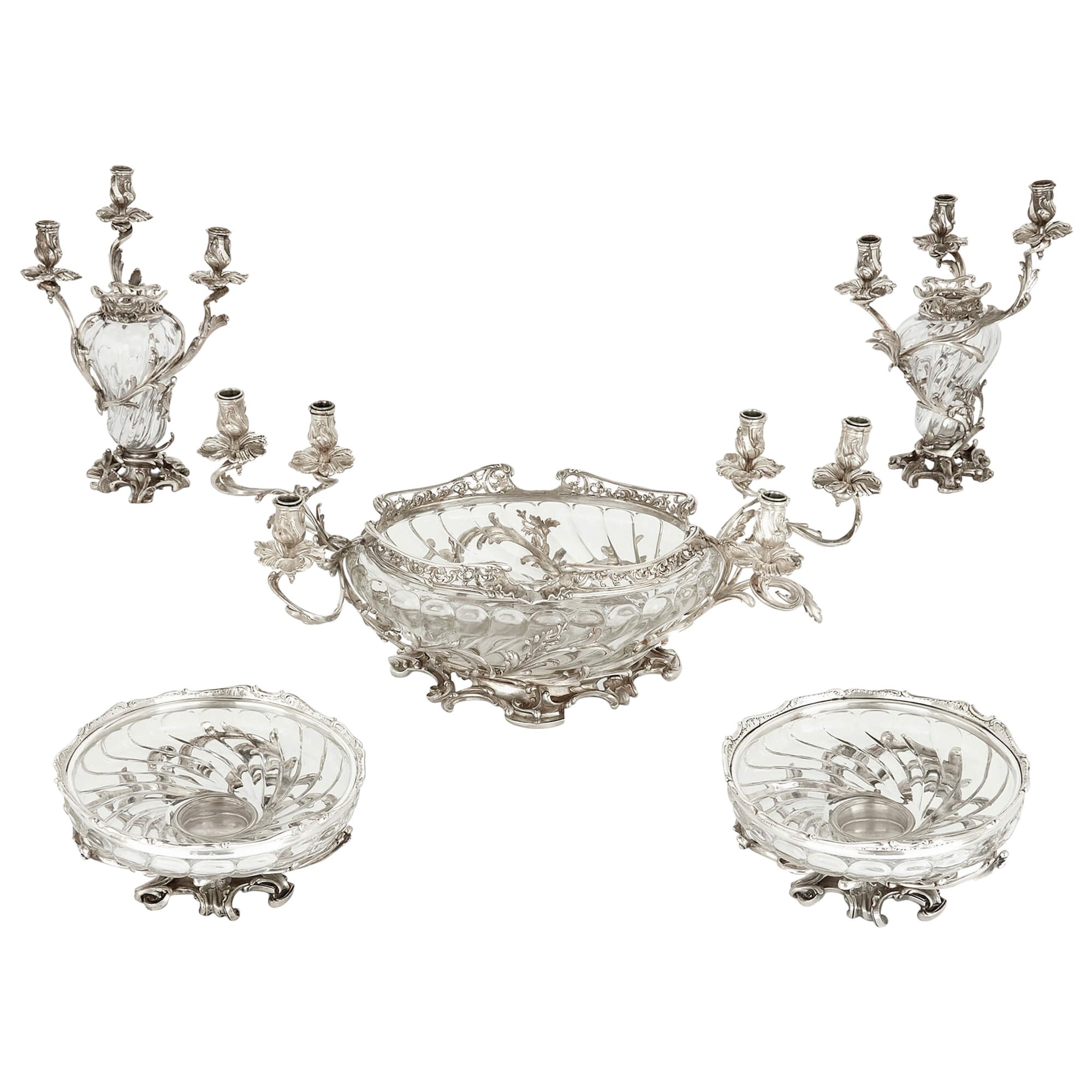 Grande garniture autrichienne ancienne en argent et verre par Schwarz & Steiner