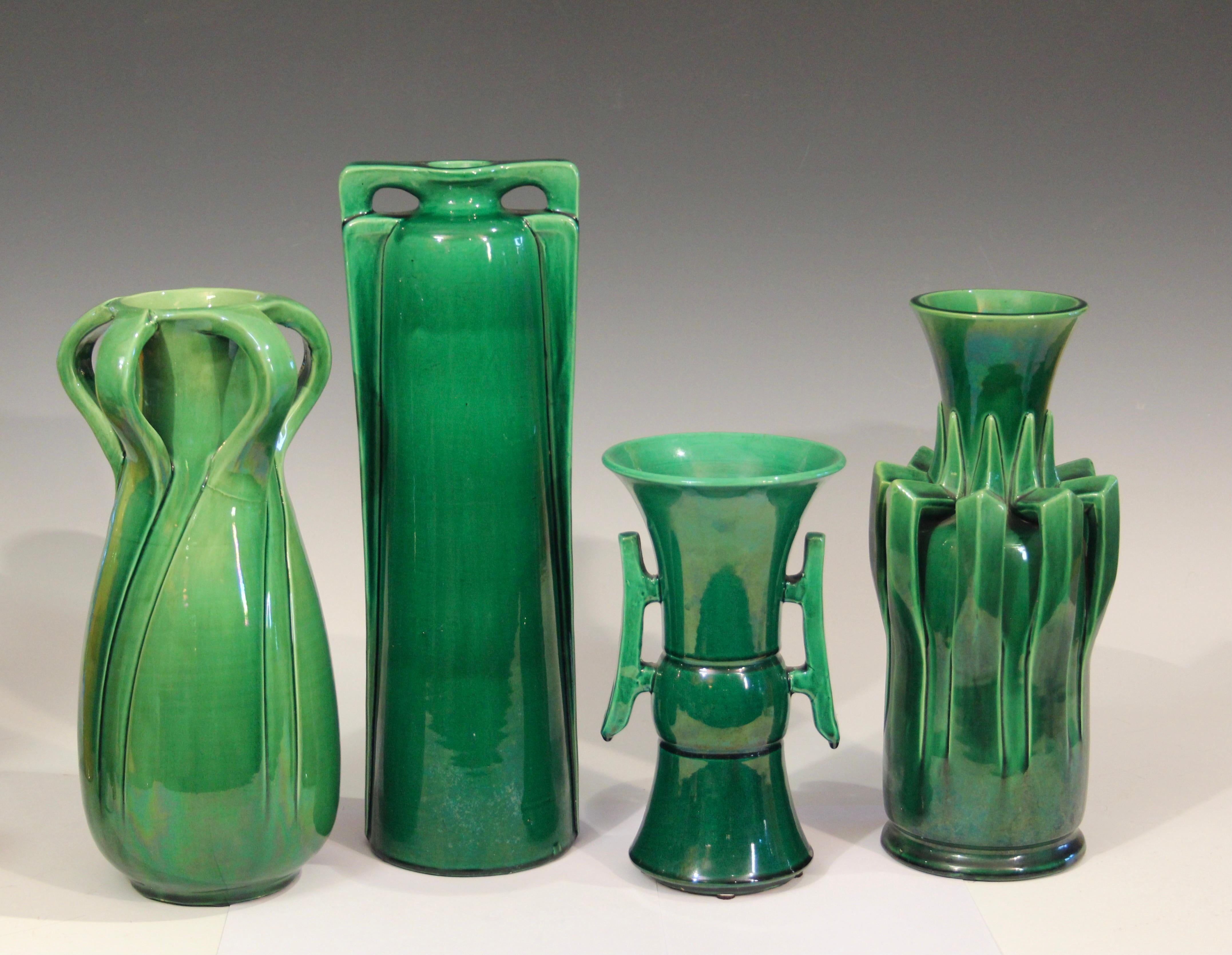 Large Antique Awaji Pottery Hu Form Taotie Mask Handle Green Vase For Sale 2