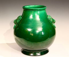 Large Antique Awaji Pottery Hu Form Taotie Mask Handle Green Vase