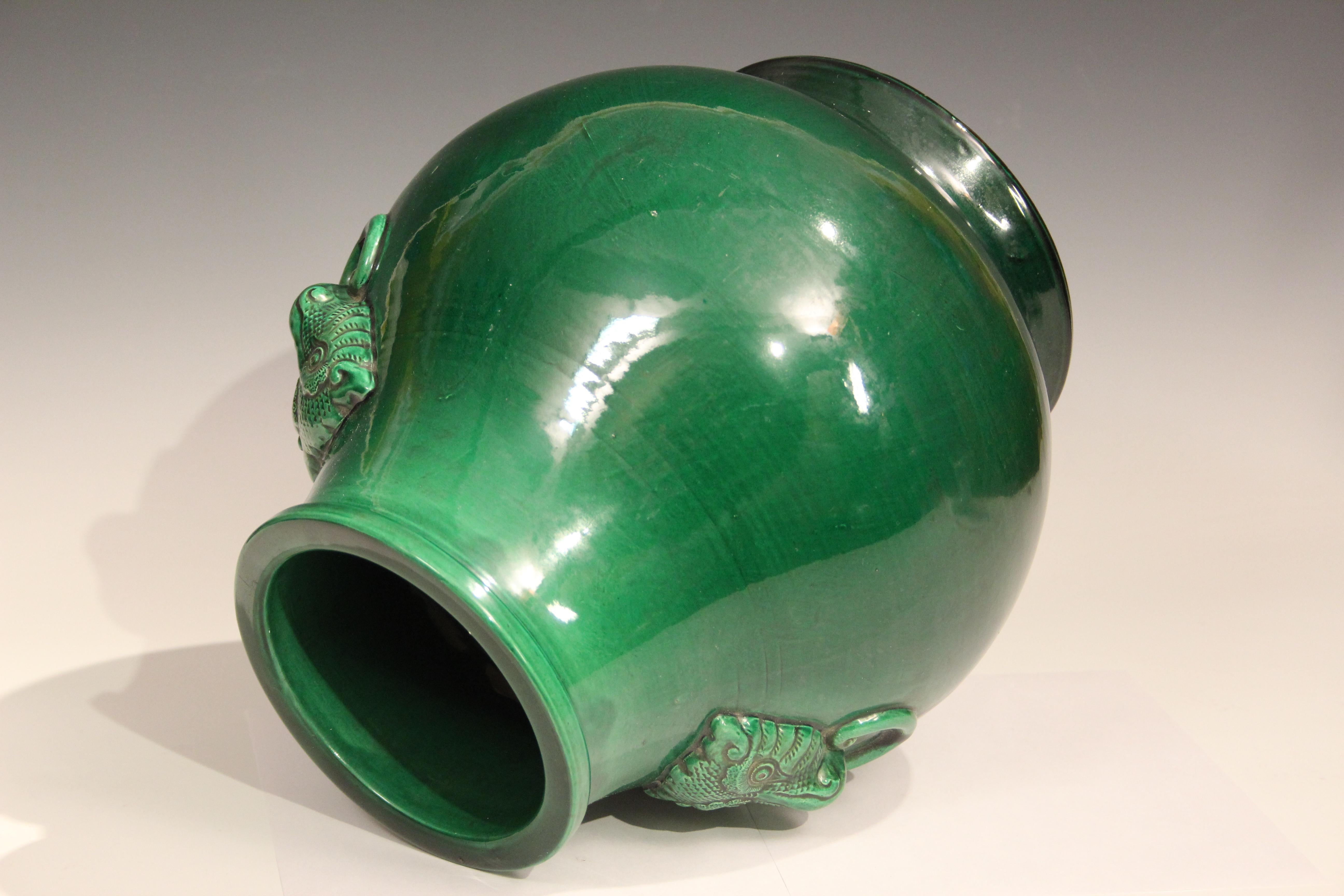 Japanese Large Antique Awaji Pottery Hu Form Taotie Mask Handle Green Vase For Sale