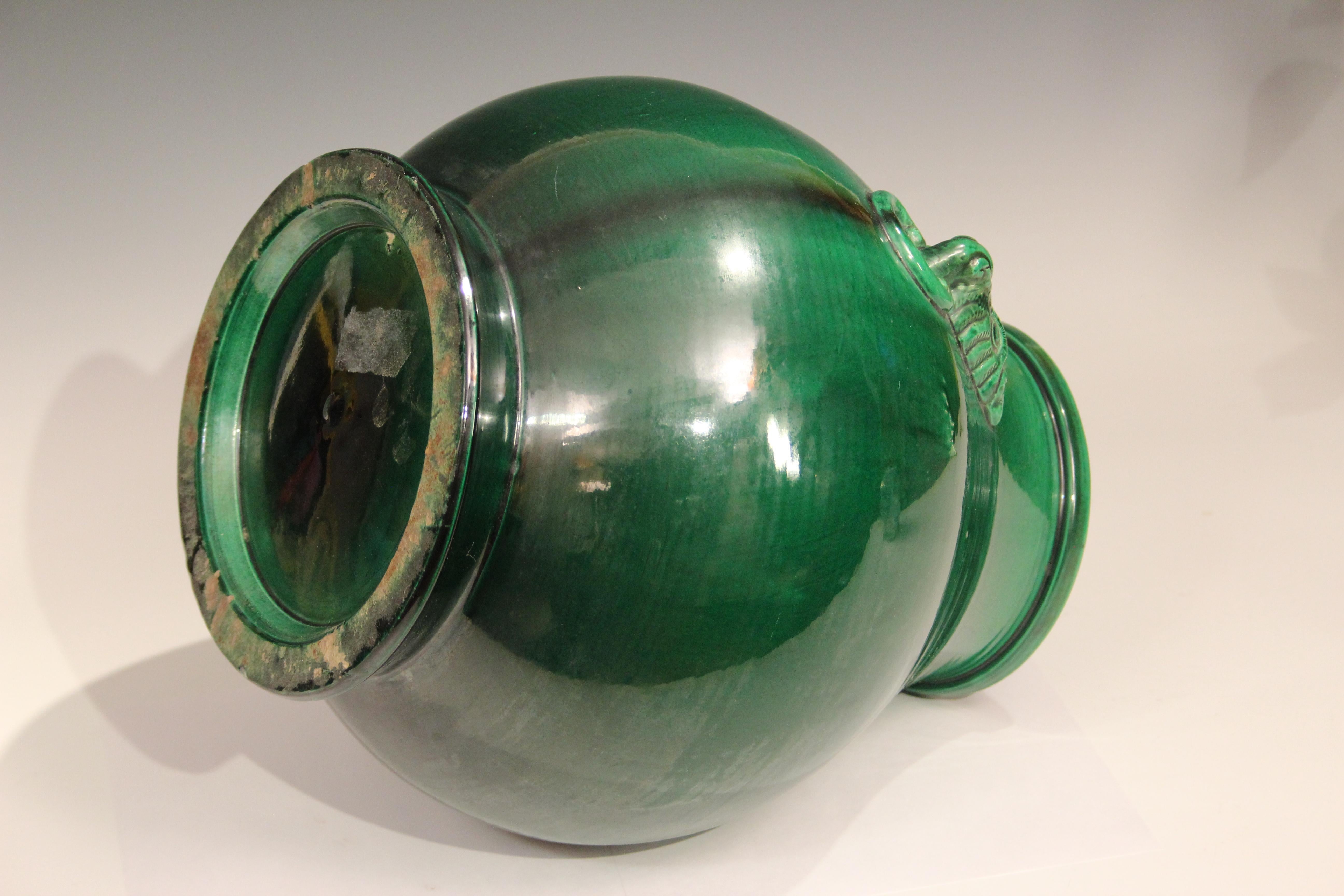 Turned Large Antique Awaji Pottery Hu Form Taotie Mask Handle Green Vase For Sale