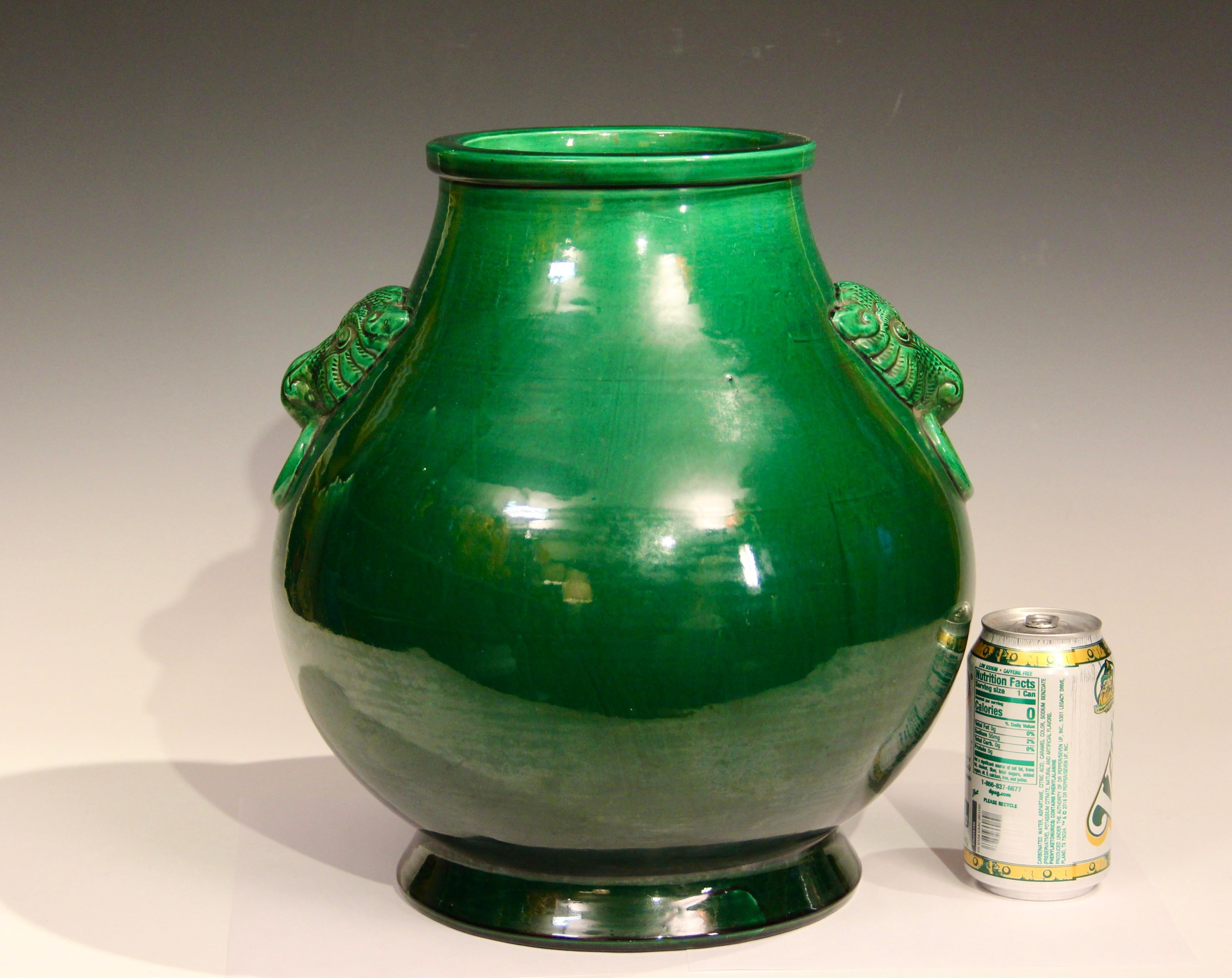 Large Antique Awaji Pottery Hu Form Taotie Mask Handle Green Vase For Sale 1