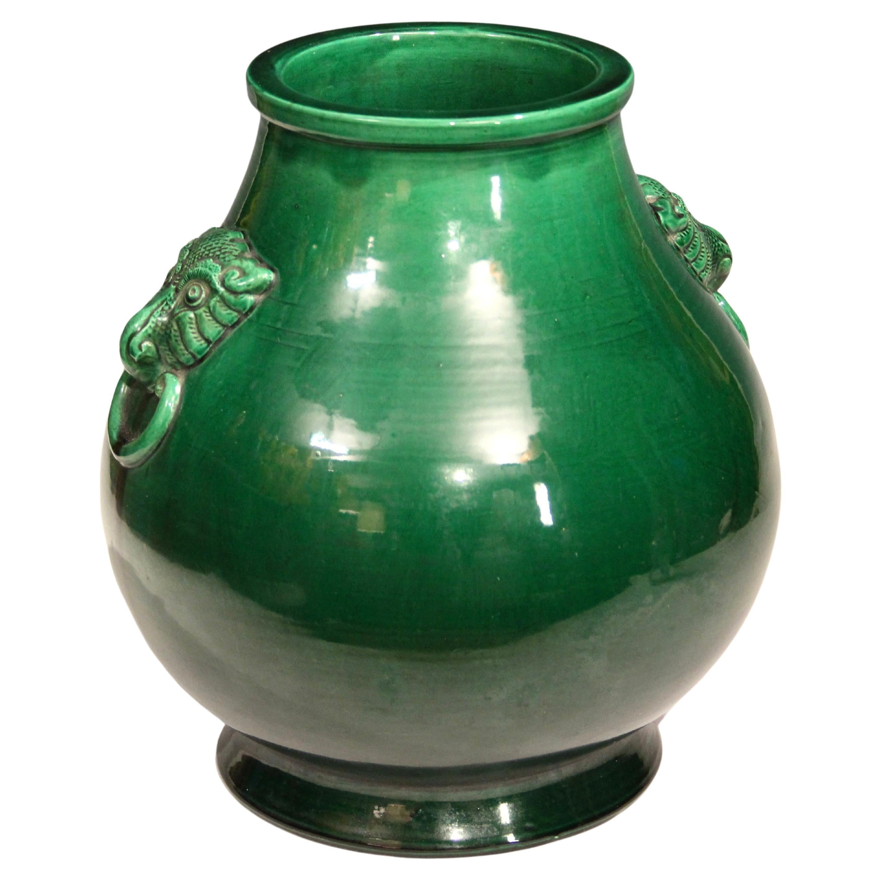 Large Antique Awaji Pottery Hu Form Taotie Mask Handle Green Vase For Sale