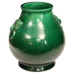 Large Antique Awaji Pottery Hu Form Taotie Mask Handle Green Vase