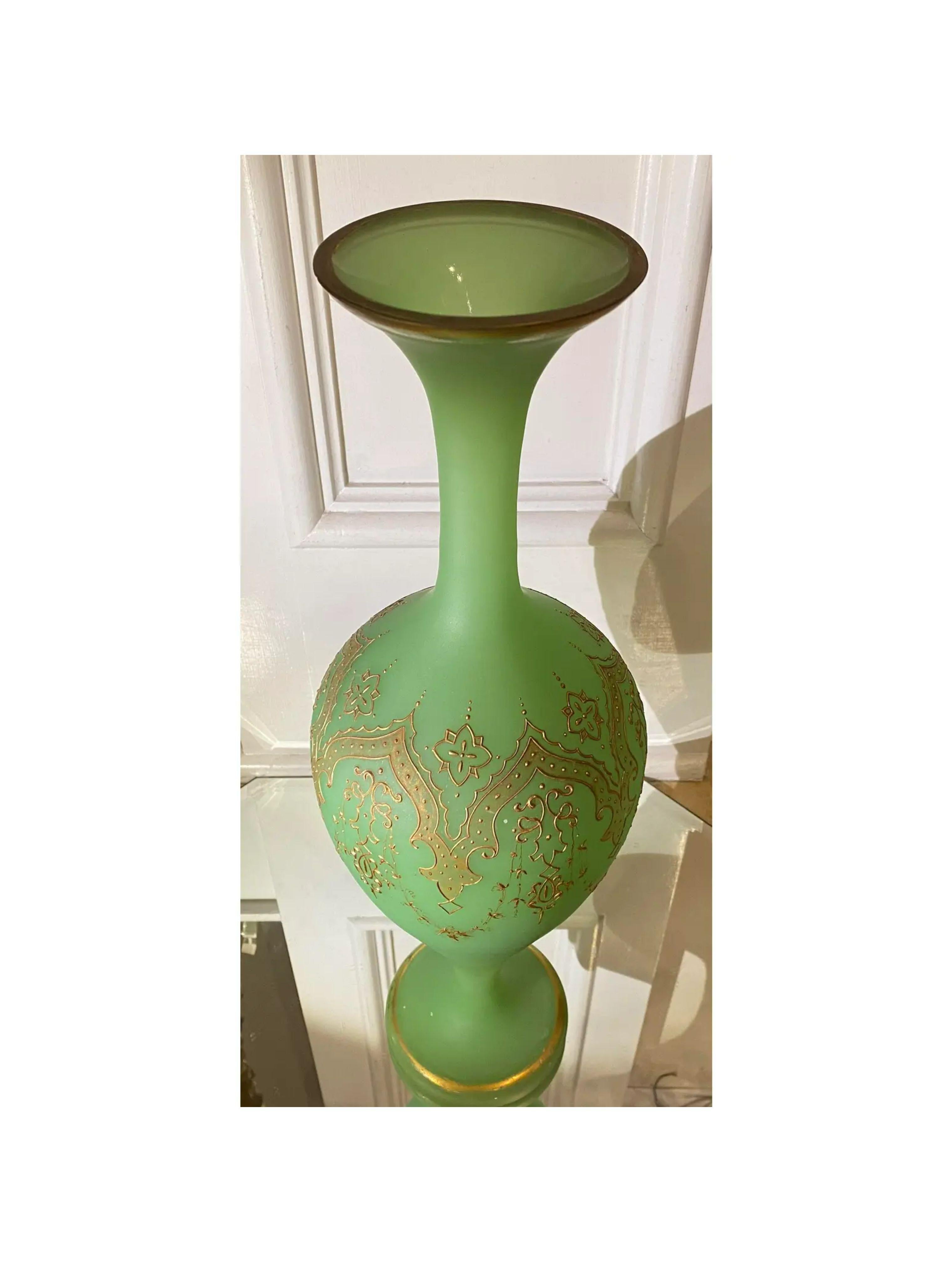 Massive antique Baccarat French Opaline glass vase. Green Opaline glass w gold decoration.

Additional information: 
Materials: Art glass
Color: Light green
Brand: Baccarat
Period: 19th Century
Place of origin: France
Styles: French
Item