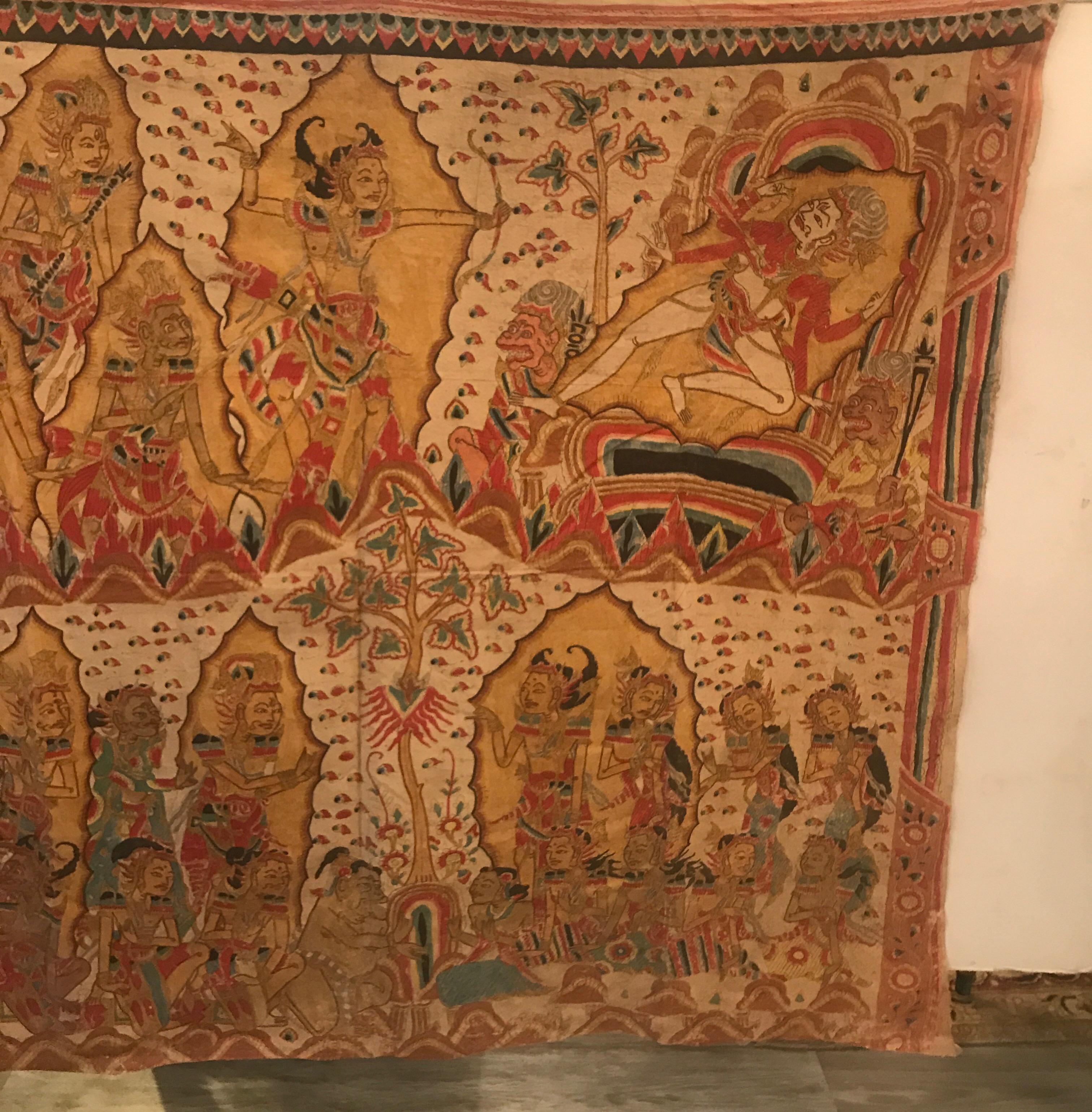 Großer antiker Balinesischer handgewebter und bemalter Batik-Wandteppich (Handbemalt)