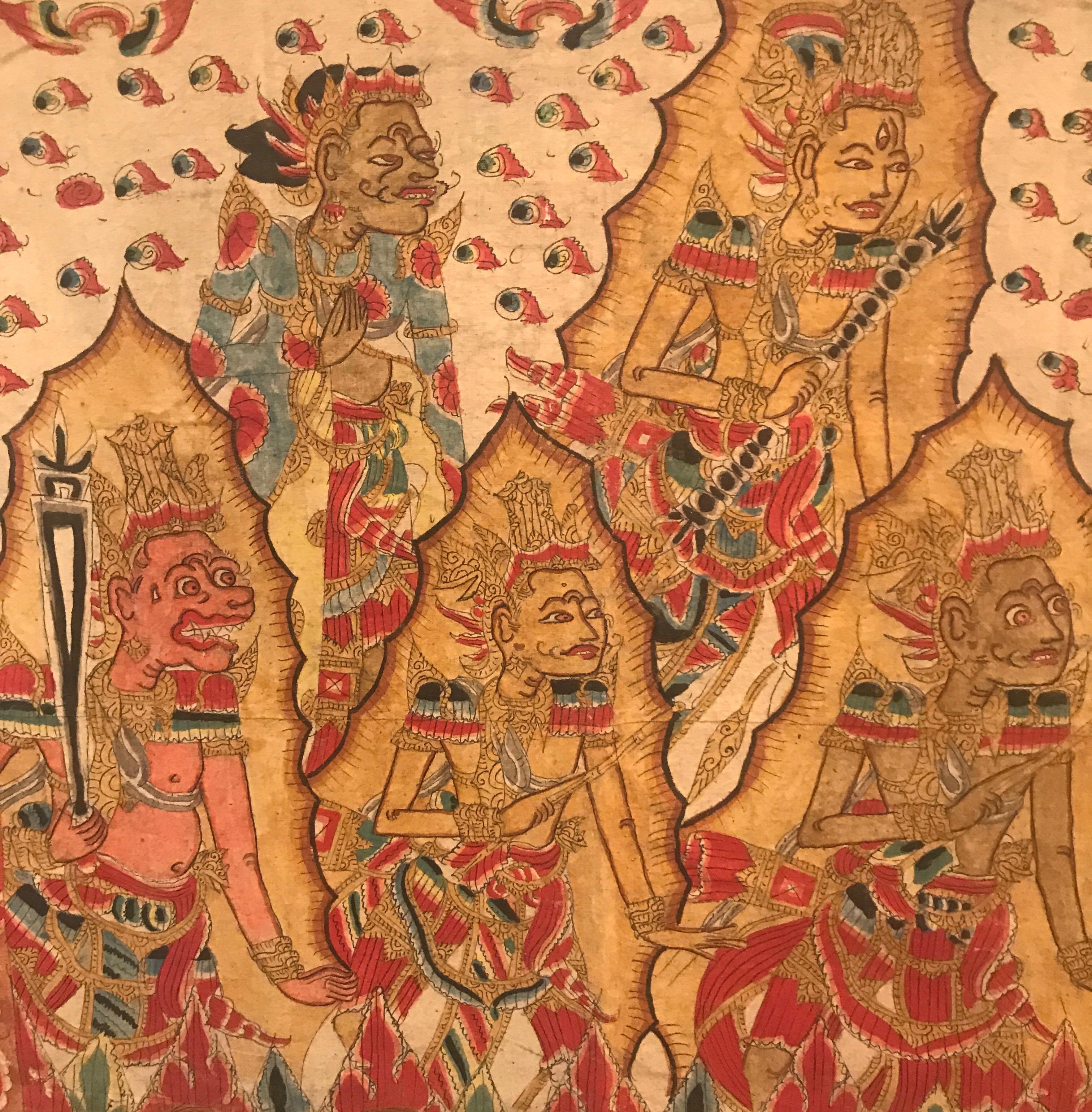 Großer antiker Balinesischer handgewebter und bemalter Batik-Wandteppich im Zustand „Gut“ in Lambertville, NJ
